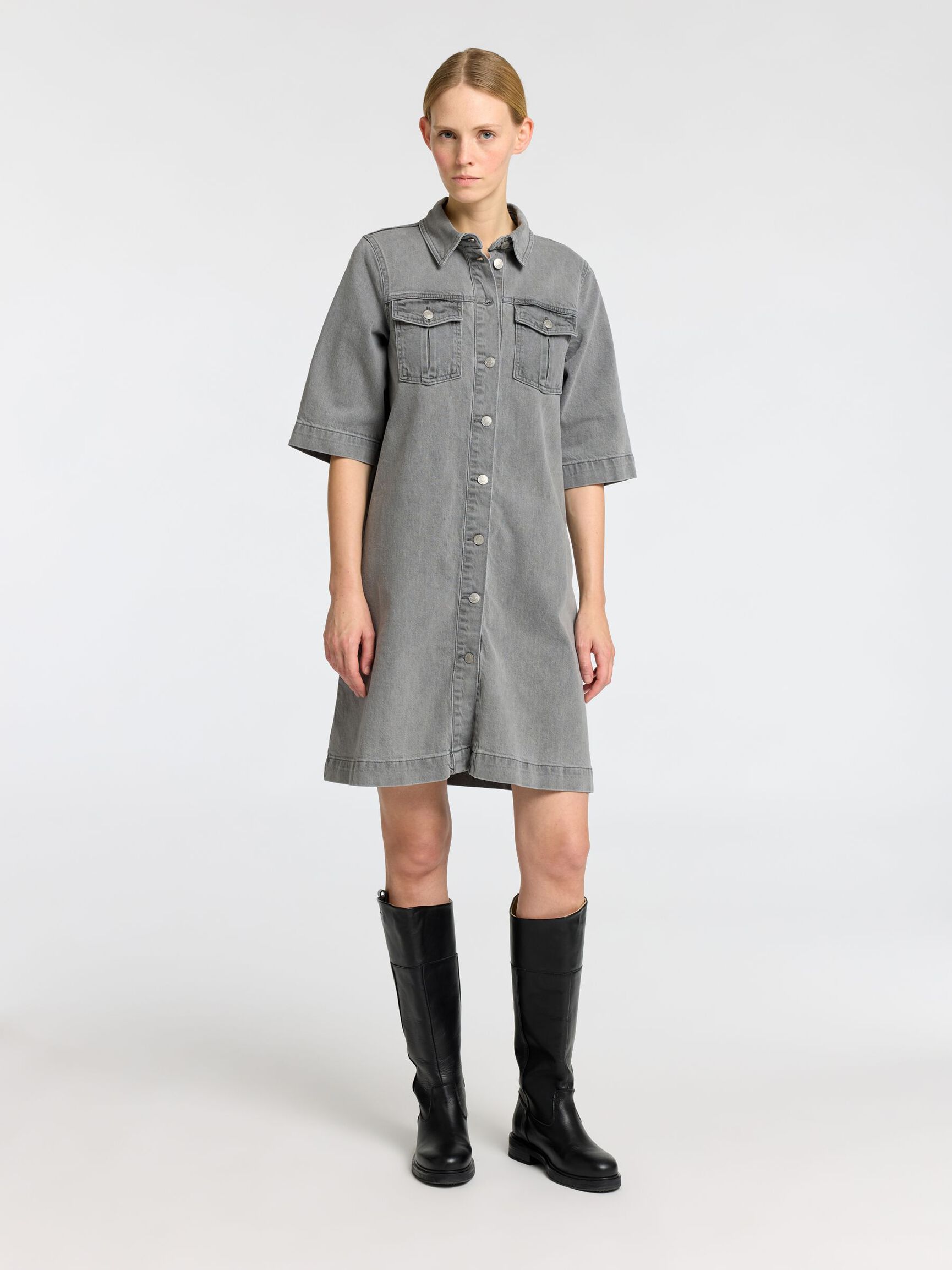 DENIM MIDI DRESS, Grey Denim, highres