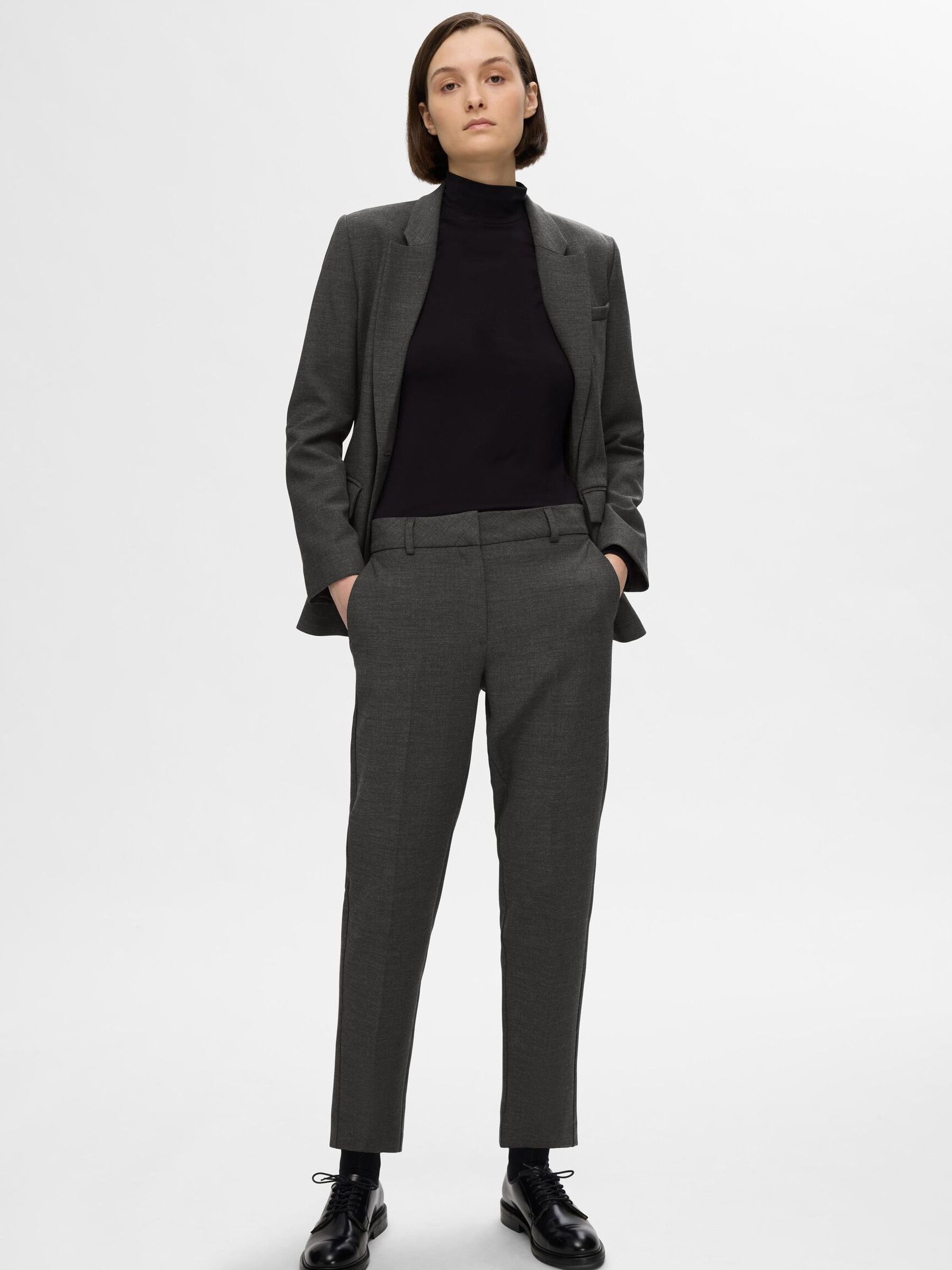 VISKOSEBLANDING CROPPED TAPERED BUKSER, Dark Grey Melange, highres
