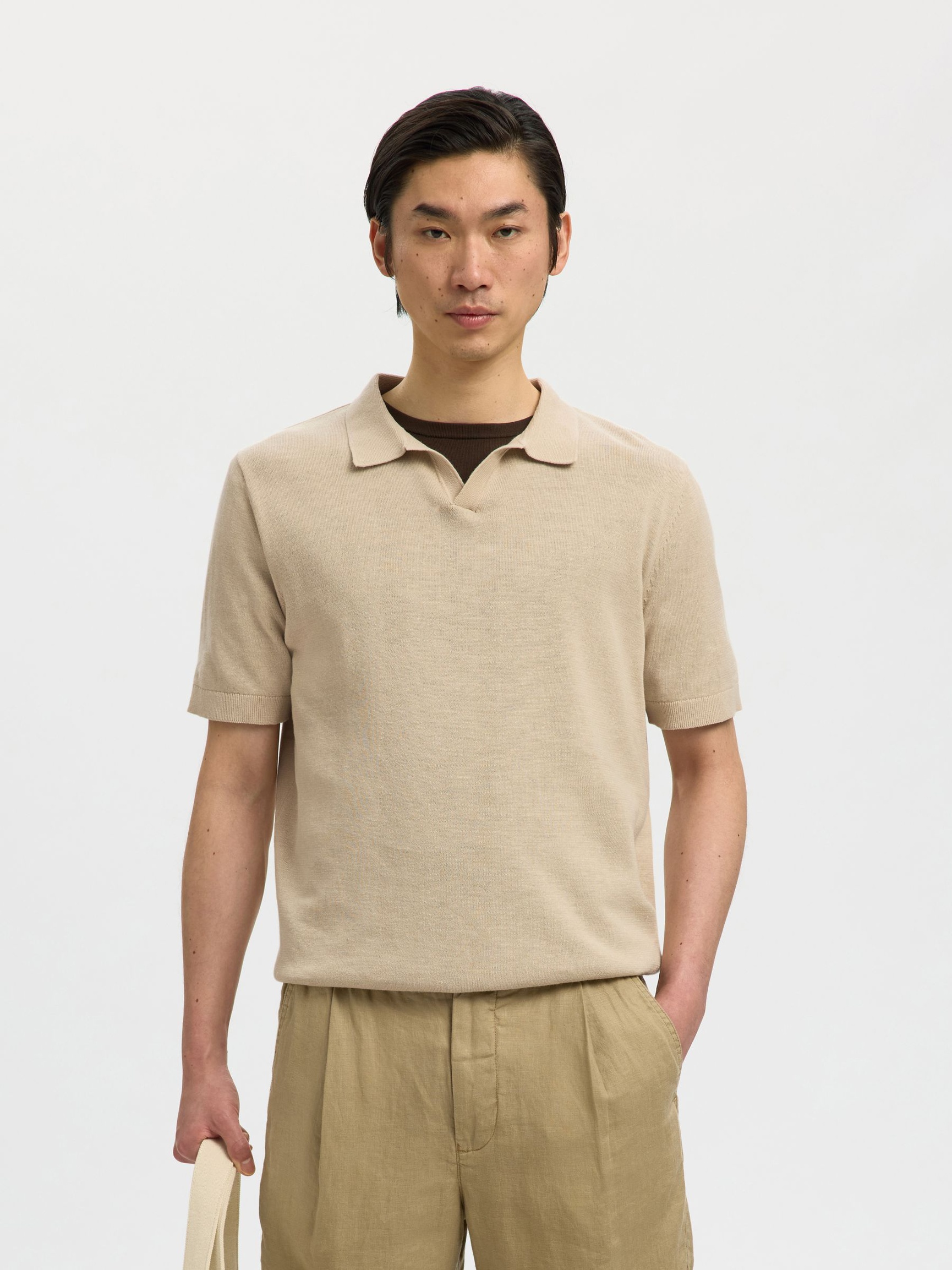 KORTÆRMET STRIKKET POLOSHIRT, Oatmeal, highres