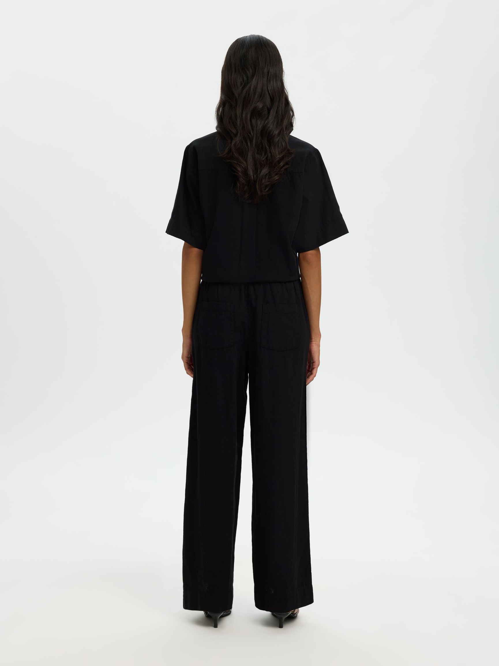 LINEN BLEND WIDE-LEG TROUSERS, Black, highres