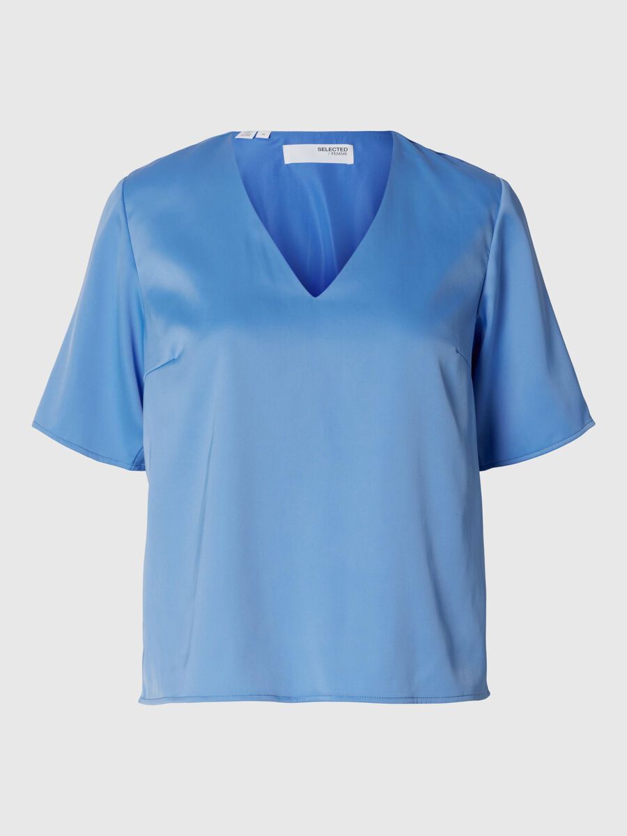Selected SHORT SLEEVED V-NECK TOP, Cornflower Blue, highres - 16096434_CornflowerBlue_001.jpg