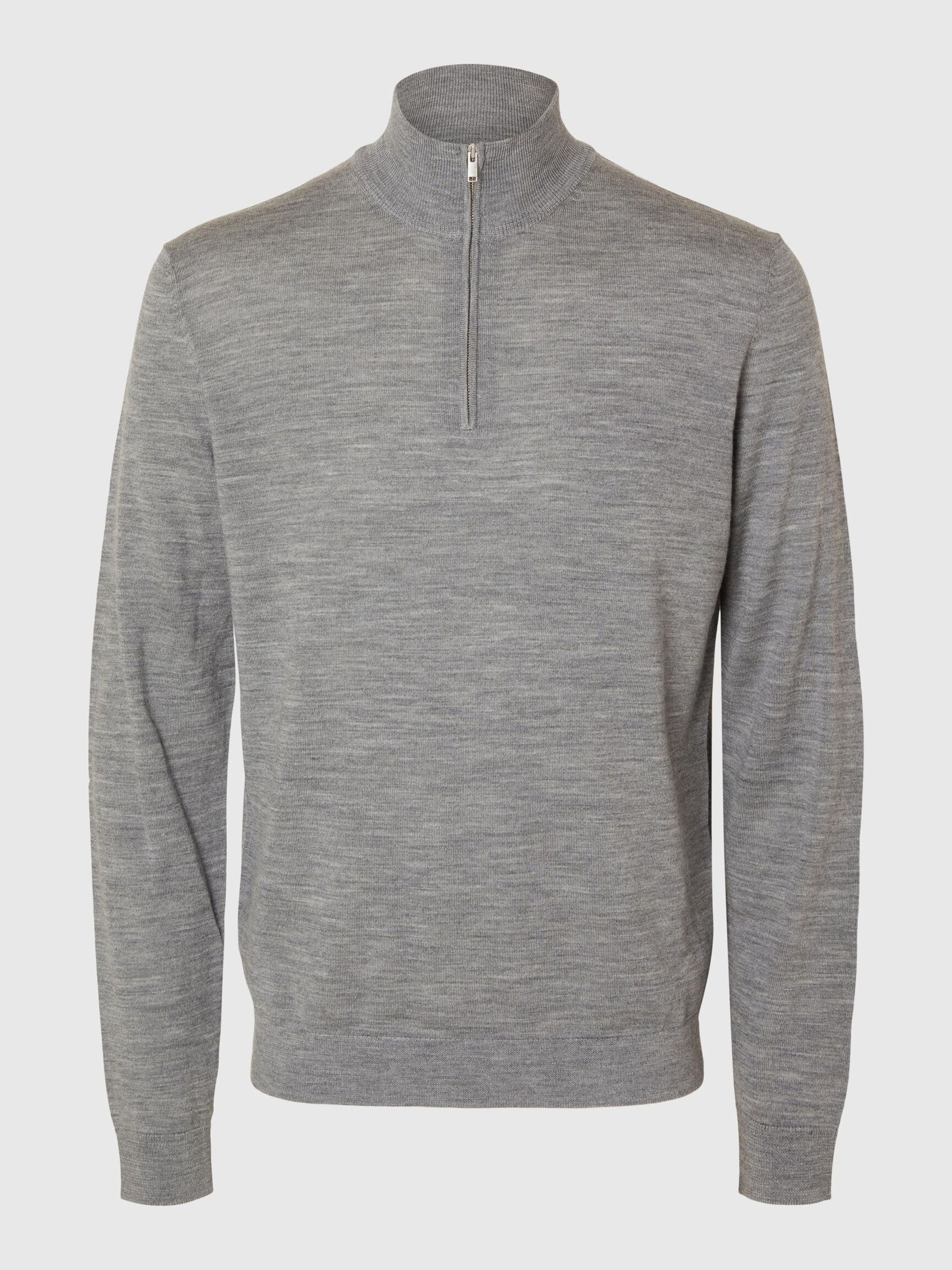 100% MERINO WOOL HALF-ZIP JUMPER, Medium Grey Melange, highres