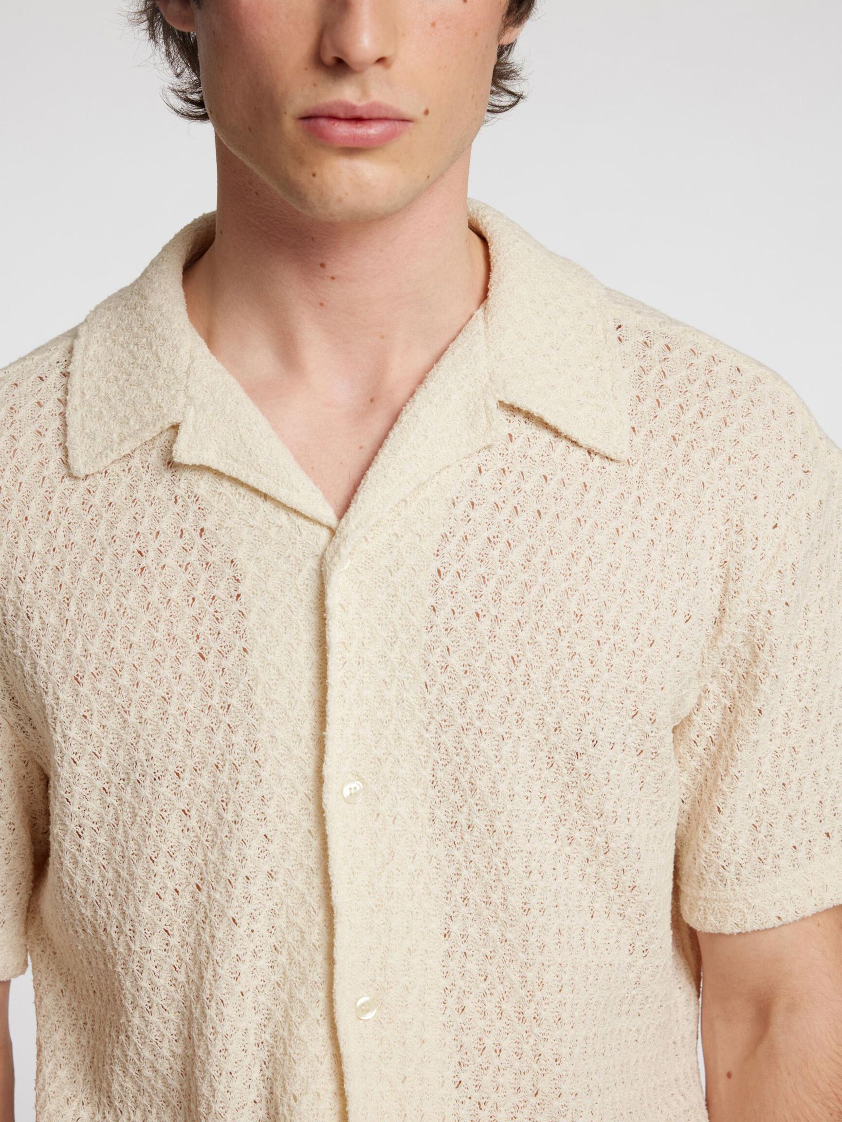 GEBREID JACQUARD OVERHEMD MET KORTE MOUWEN, Egret, highres