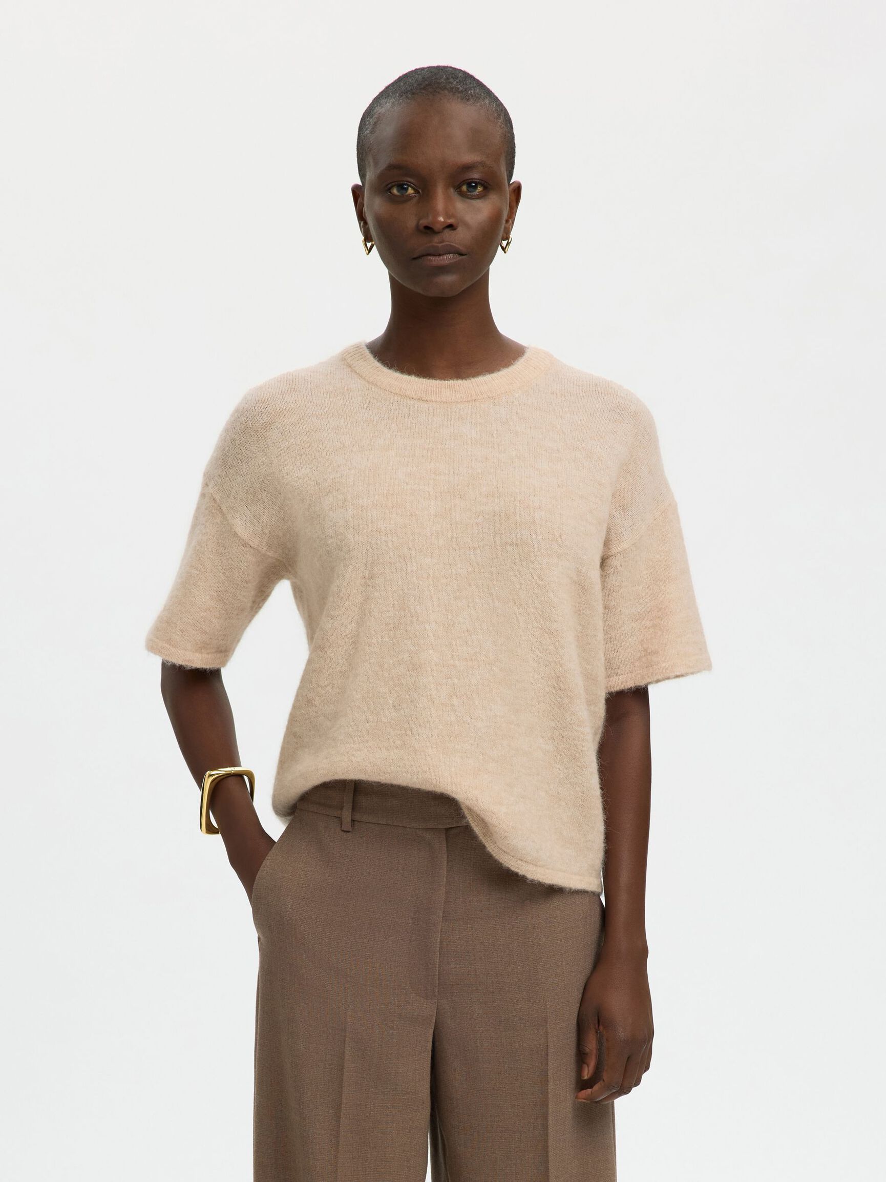 WOOL BLEND KNITTED PULLOVER, Birch, highres