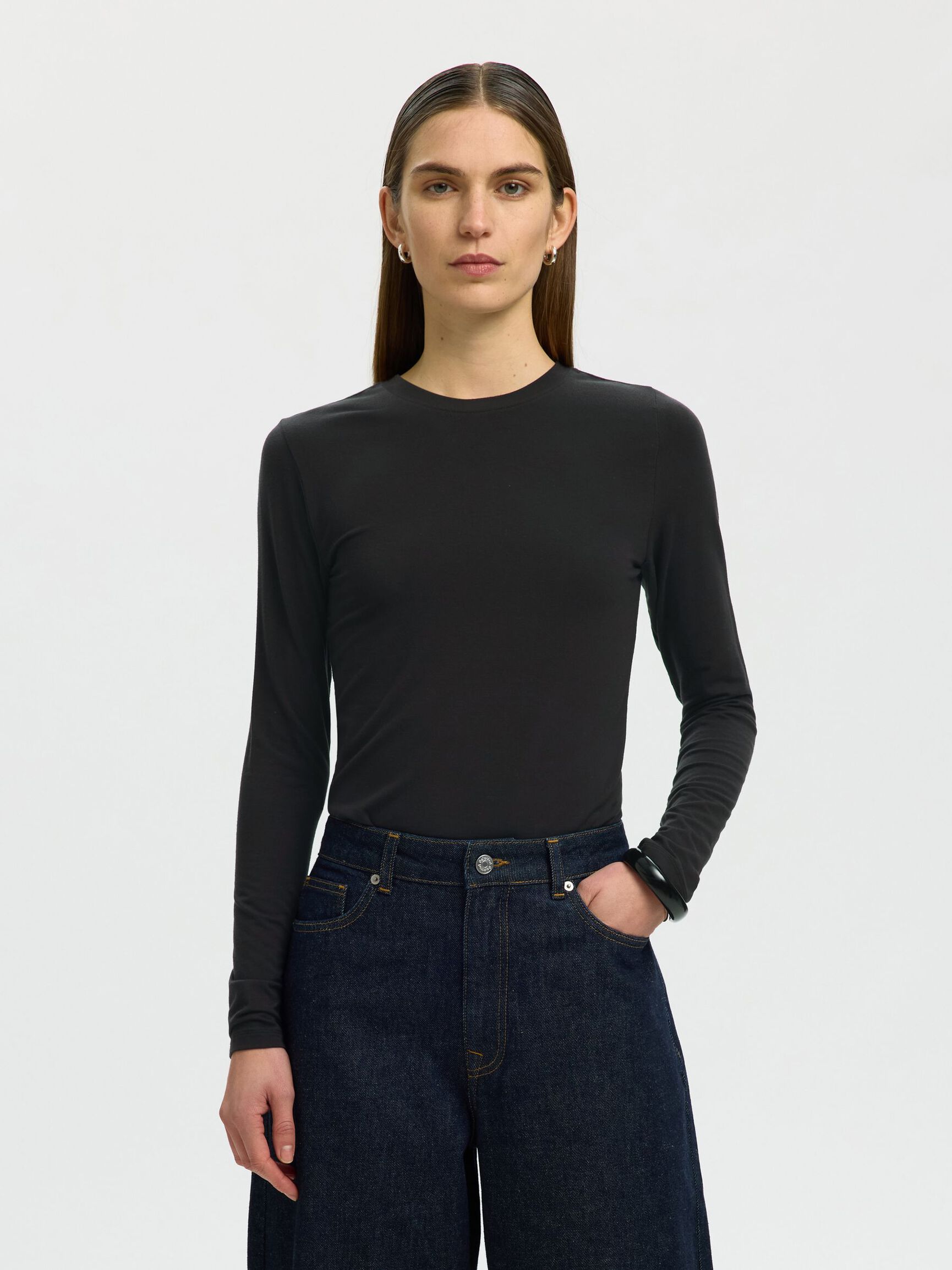 BASIC LONG-SLEEVED T-SHIRT, Black, highres