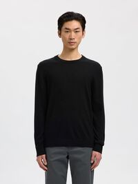 100% MERINO WOOL CREWNECK JUMPER, Black, highres