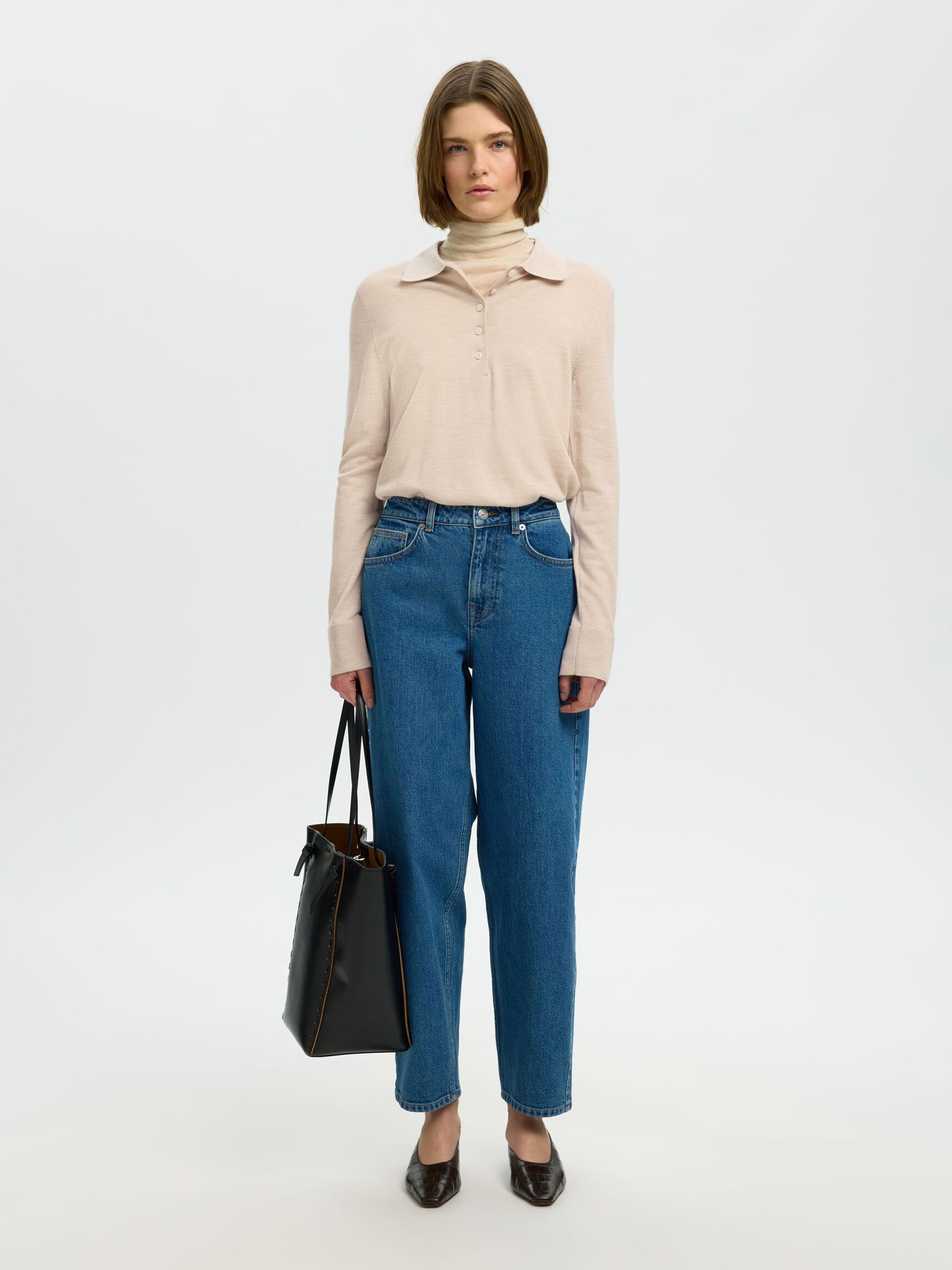 100% MERINOULD STRIKKET POLOSHIRT, Oatmeal, highres