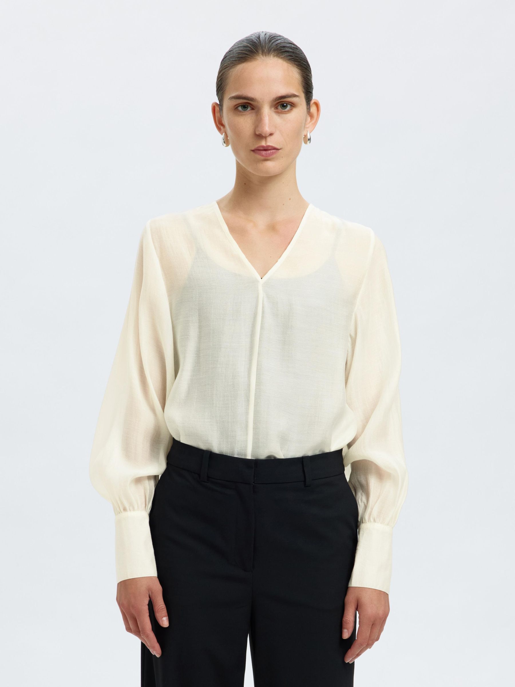 V-HALS BLOUSE MET LANGE MOUWEN, Birch, highres