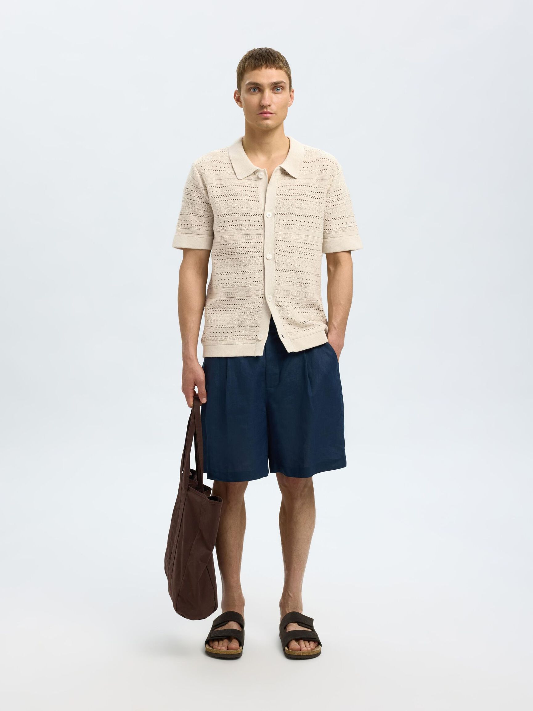 KNITTED SHORT SLEEVED SHIRT, Oatmeal, highres