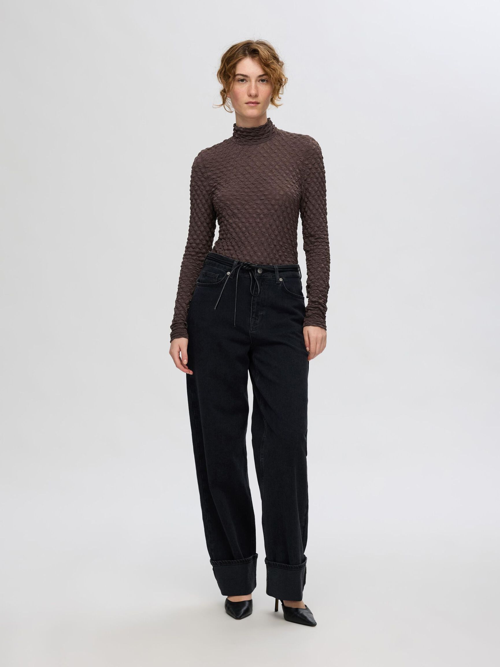 TEXTURED LONG SLEEVED TOP, Tobacco Brown, highres