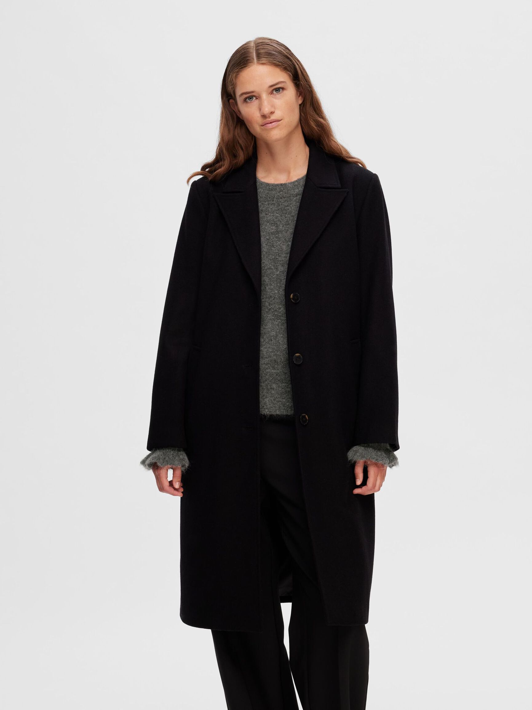 SINGLE-BREASTED WOOL BLEND COAT, Black, highres