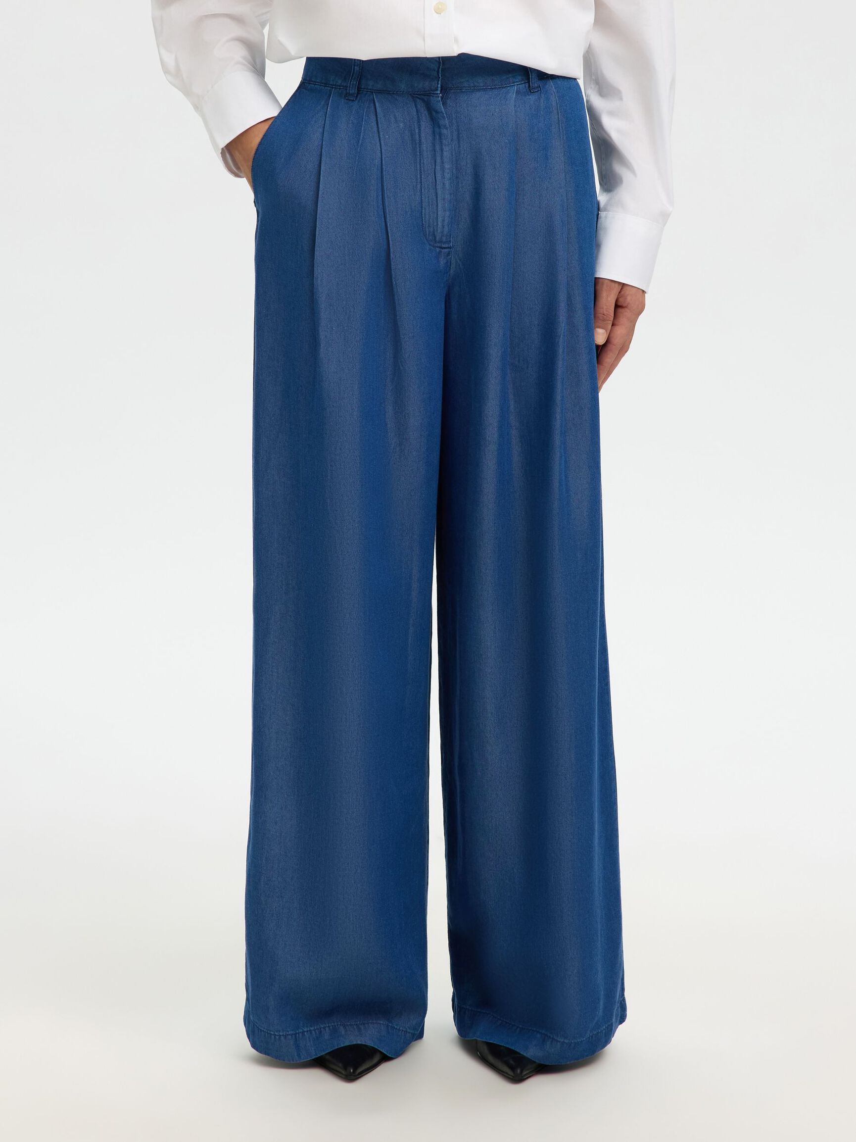 CHAMBRAY WIDE-LEG TROUSERS, Dark Blue, highres