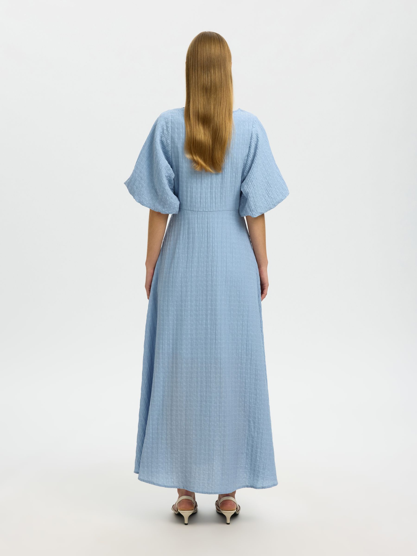 BALLOON SLEEVE MIDI DRESS, Dusty Blue, highres