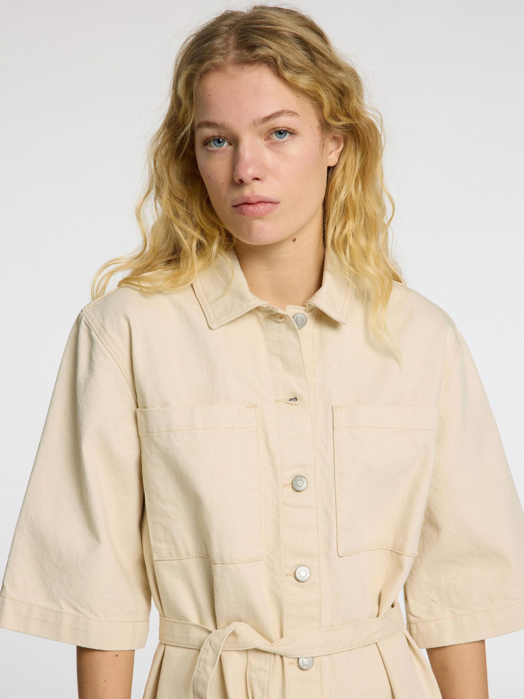 DENIM SHIRT DRESS, Ecru, highres