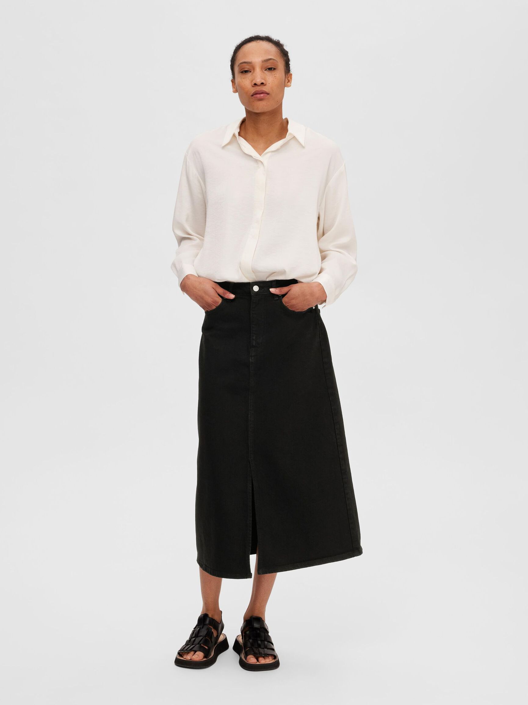 BLACK DENIM MIDI SKIRT, Black Denim, highres