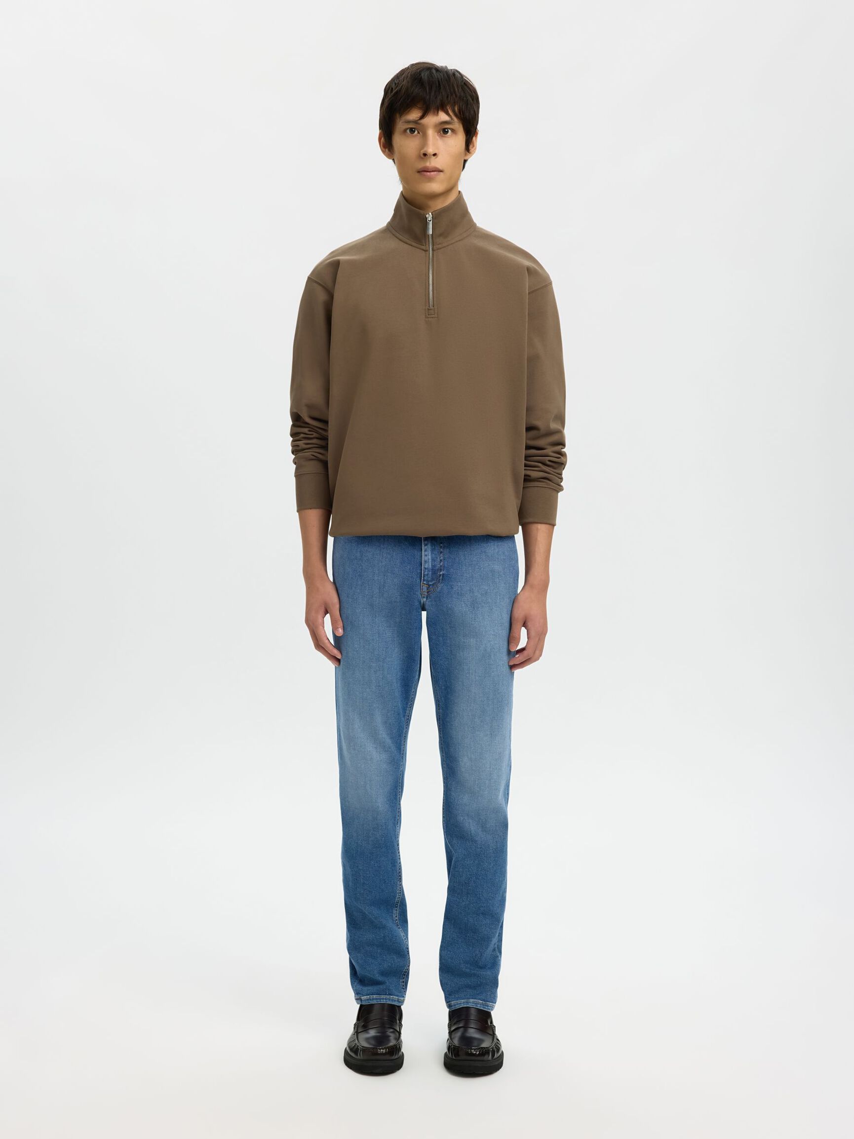 RIBBED HALF ZIP LONG-SLEEVED POLO, Morel, highres
