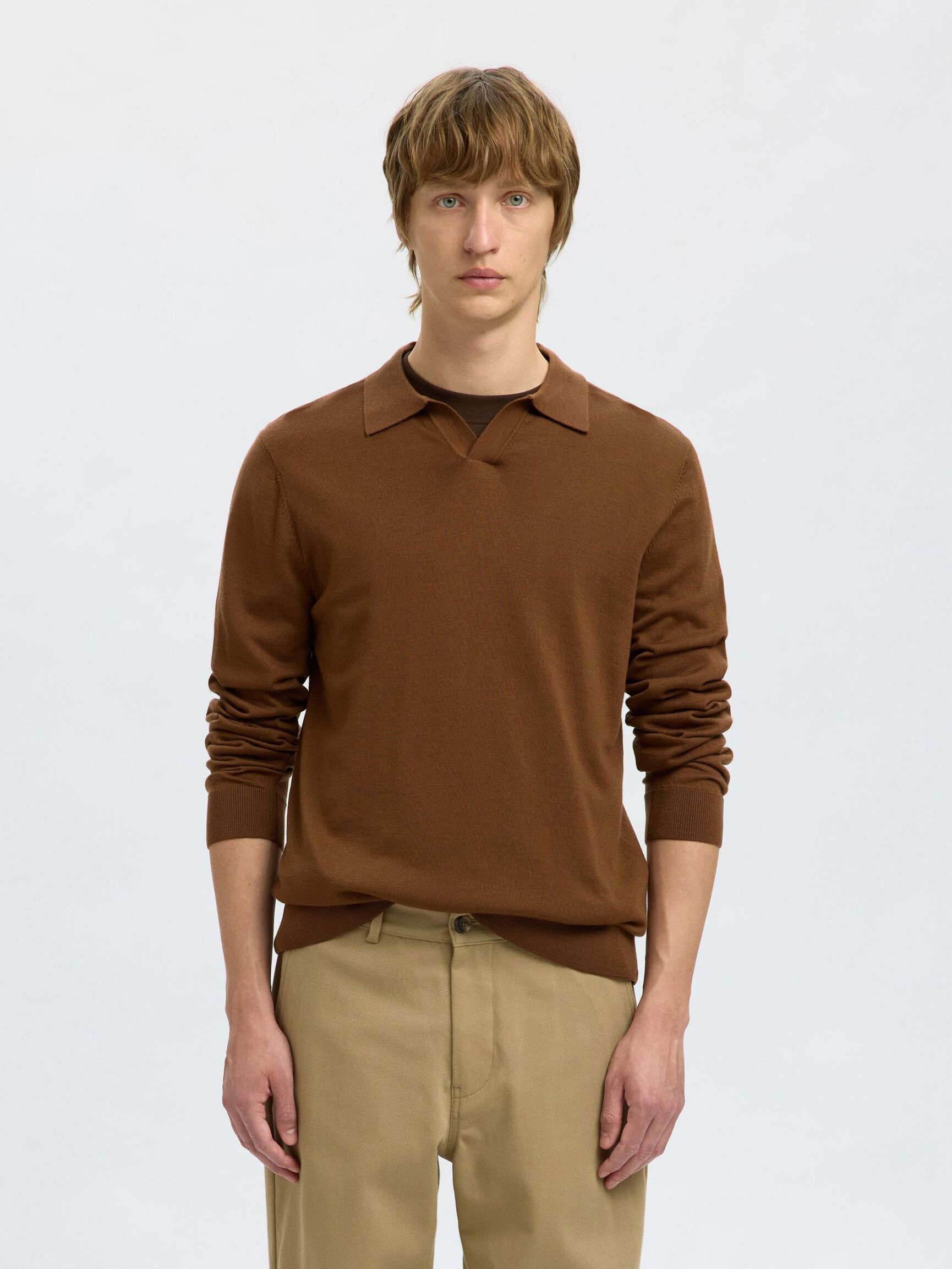 100% MERINO WOOL KNITTED POLO SHIRT, Soft Silt, highres