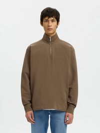 RIBBED HALF ZIP LONG-SLEEVED POLO, Morel, highres