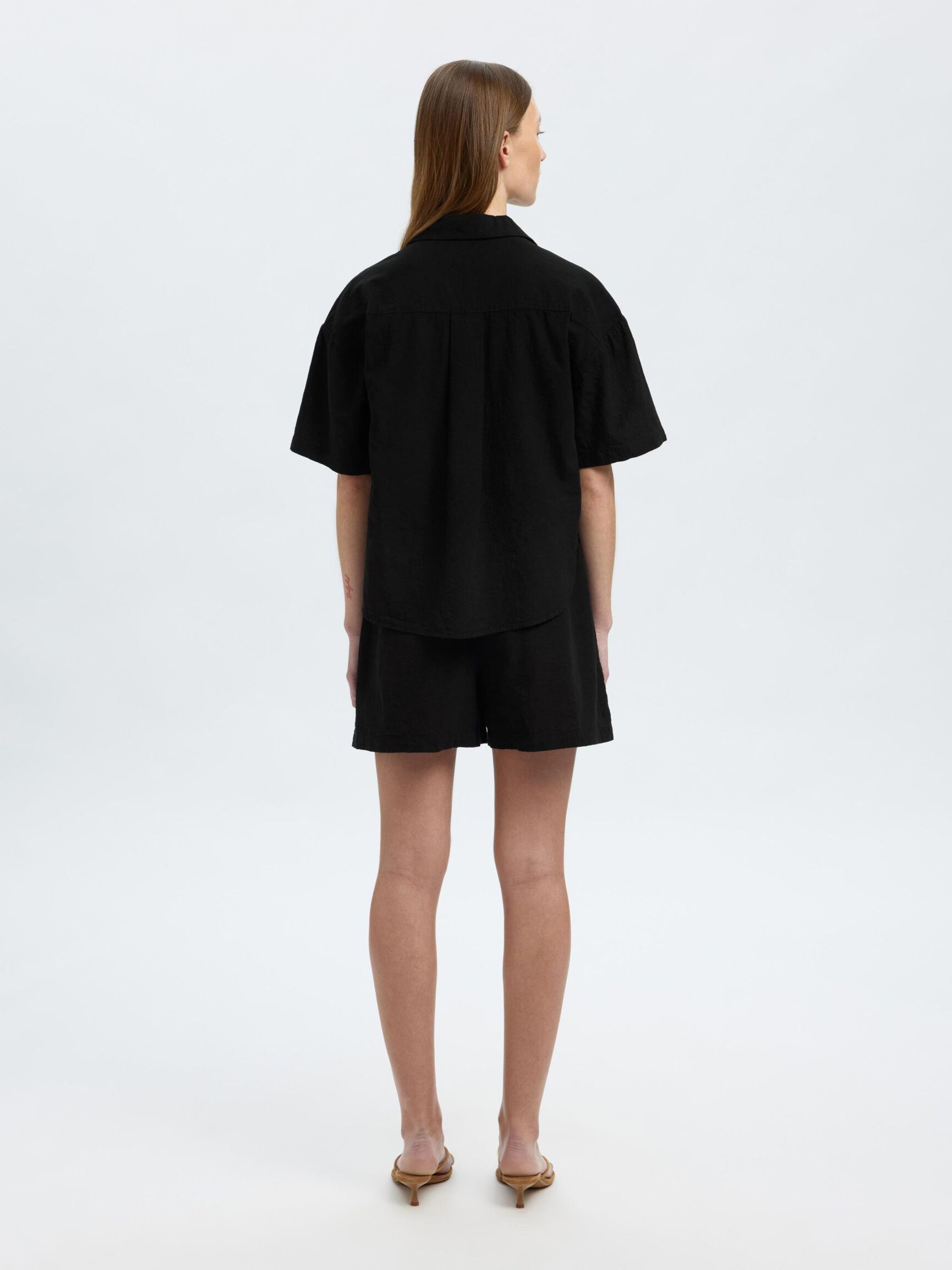 LINNENMIX OVERHEMD MET KORTE MOUWEN, Black, highres