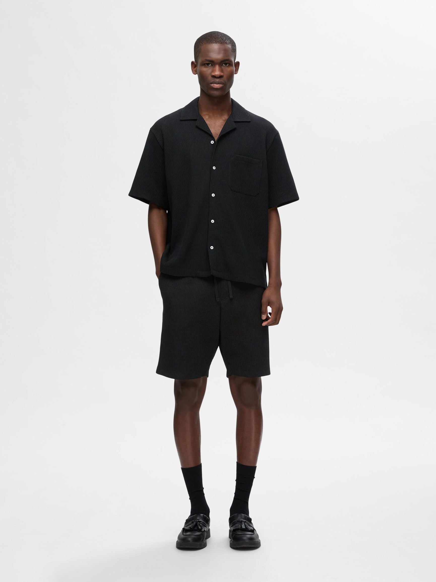 WAFFLED SHORT SLEEVED SHIRT, Black, highres