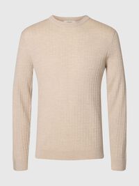 100% MERINO WOOL KNITTED PULLOVER, Oatmeal, highres