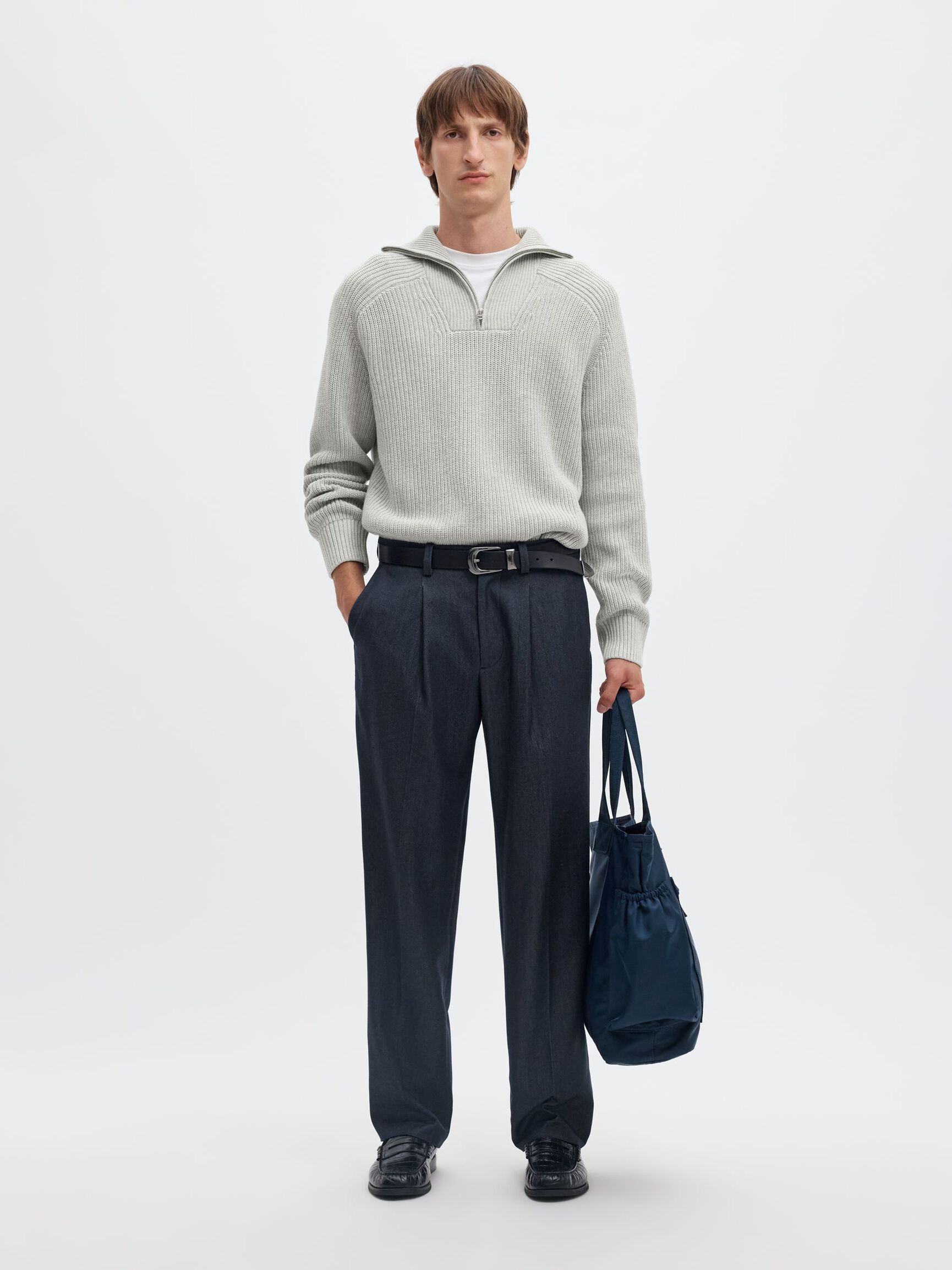 RIBBED ORGANIC COTTON HALF-ZIP JUMPER, Light Grey Melange, highres