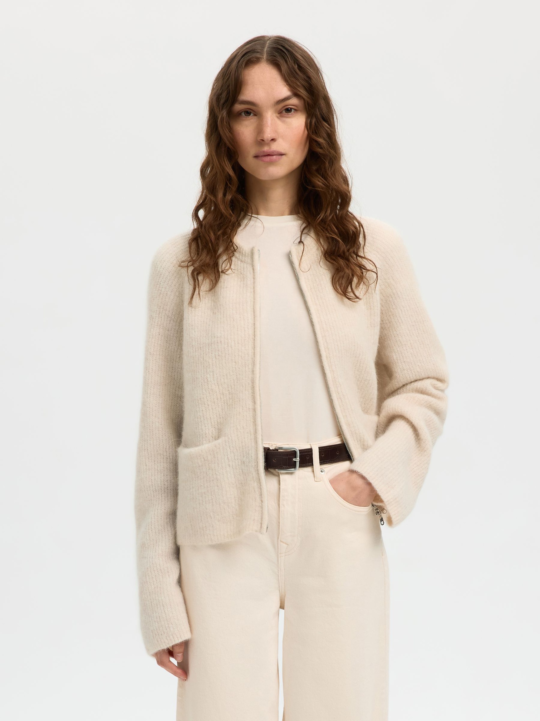 CARDIGAN CON CERNIERA ANTERIORE, Birch, highres
