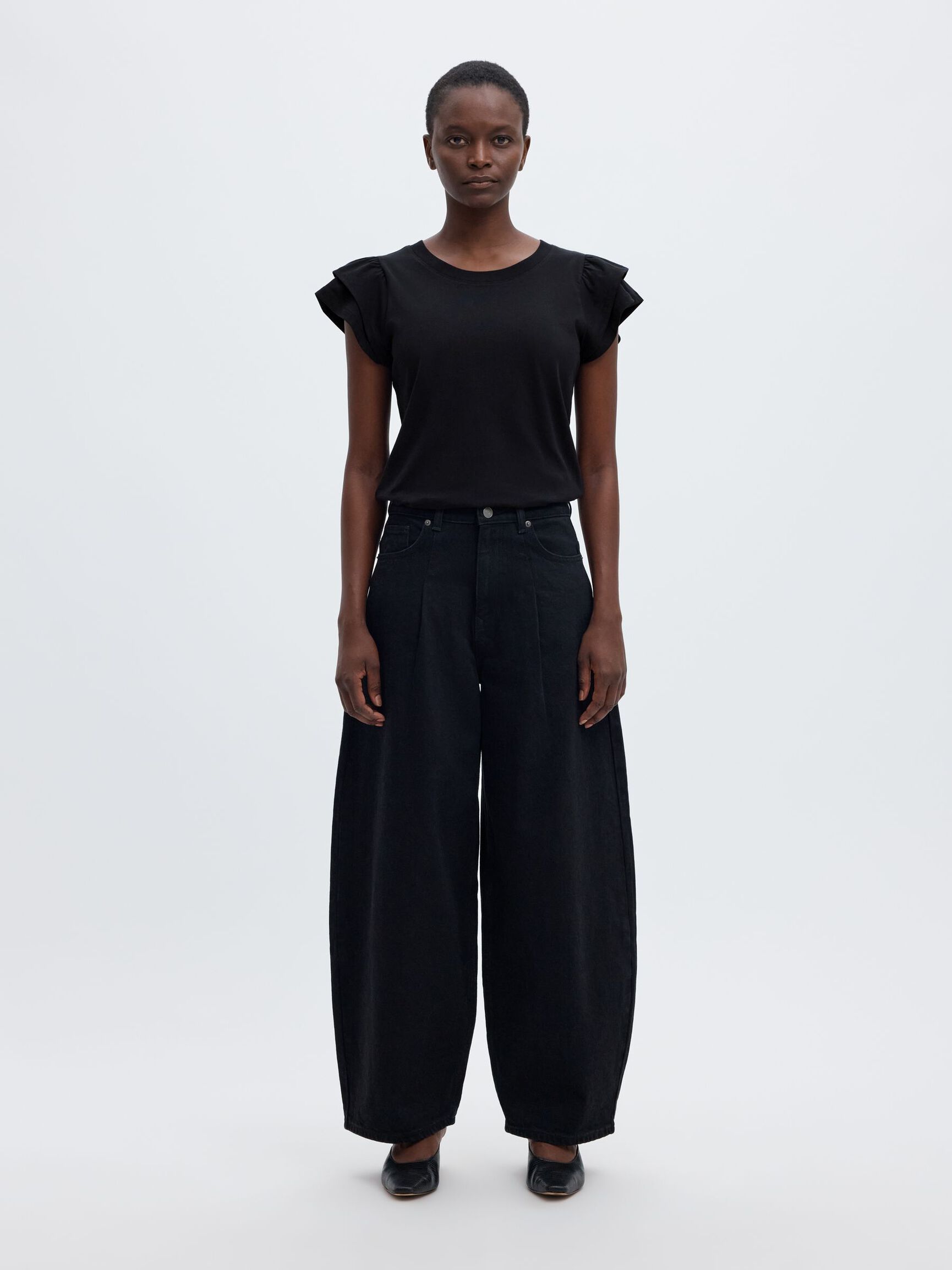 COTTON RUFFLED T-SHIRT, Black, highres
