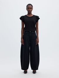 COTTON RUFFLED T-SHIRT, Black, highres