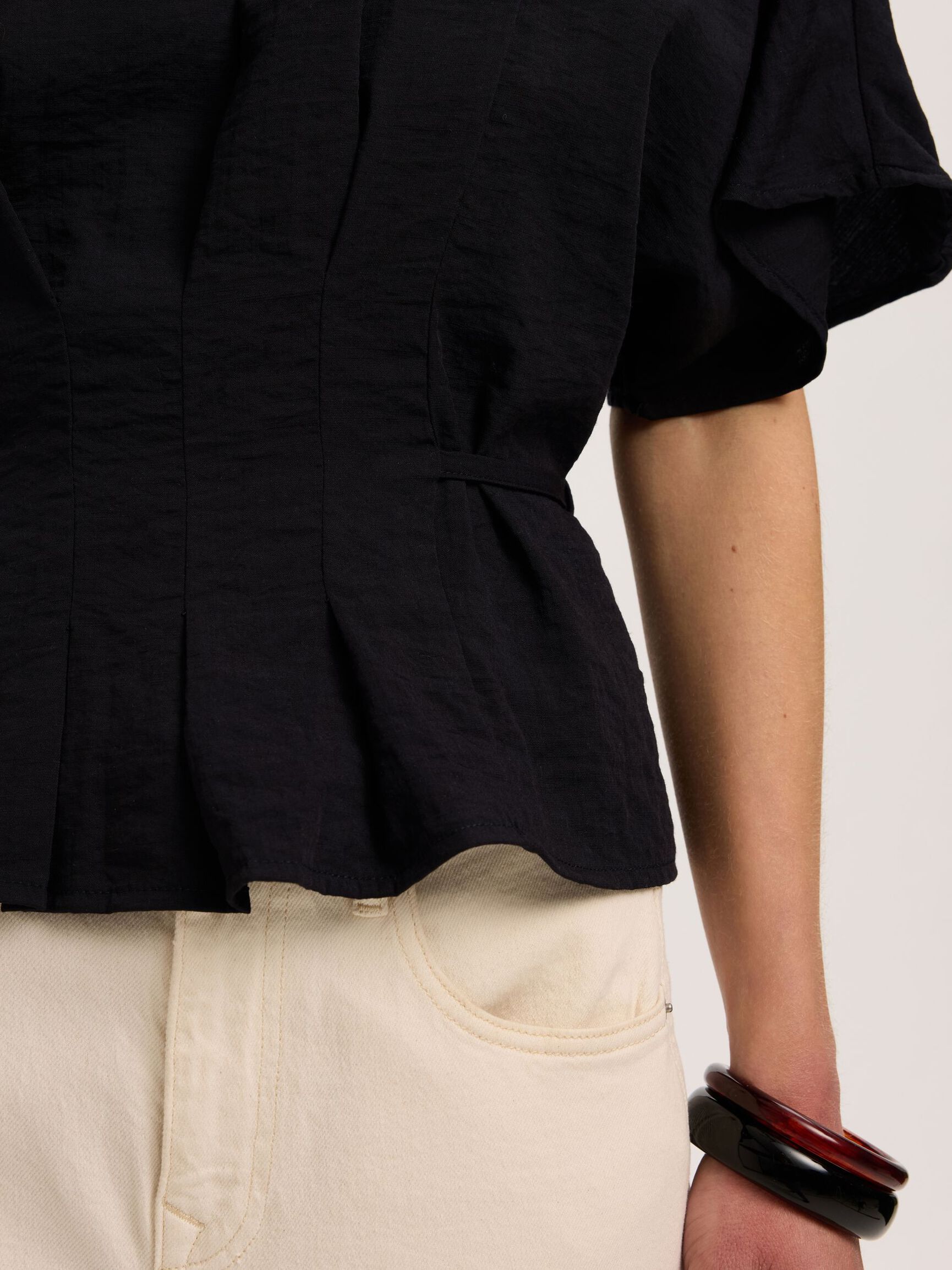 VISCOSE BLEND PLEATED  BLOUSE, Black, highres