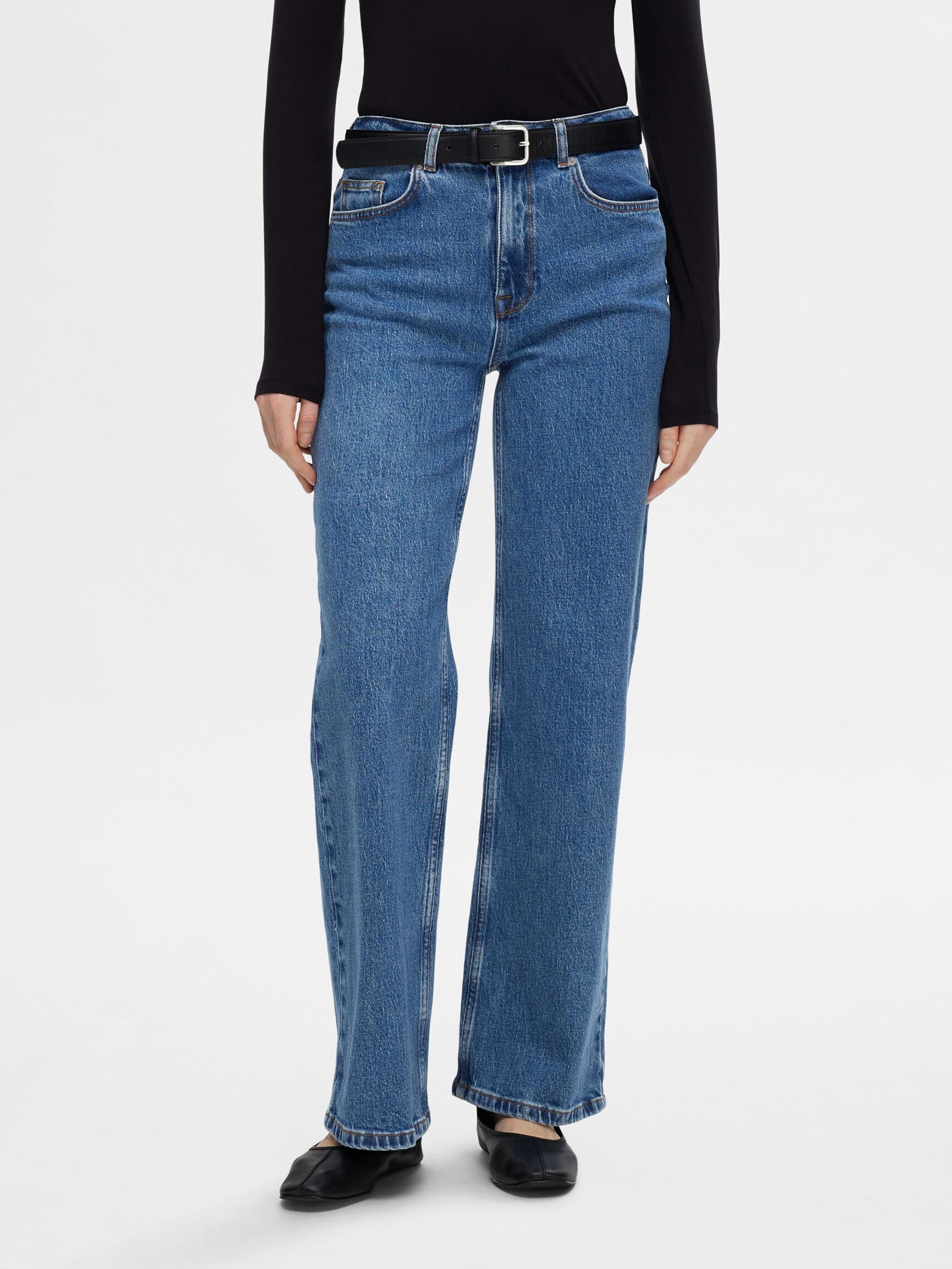 HOOG GETAILLEERD WIDE LEG JEANS, Medium Blue Denim, highres