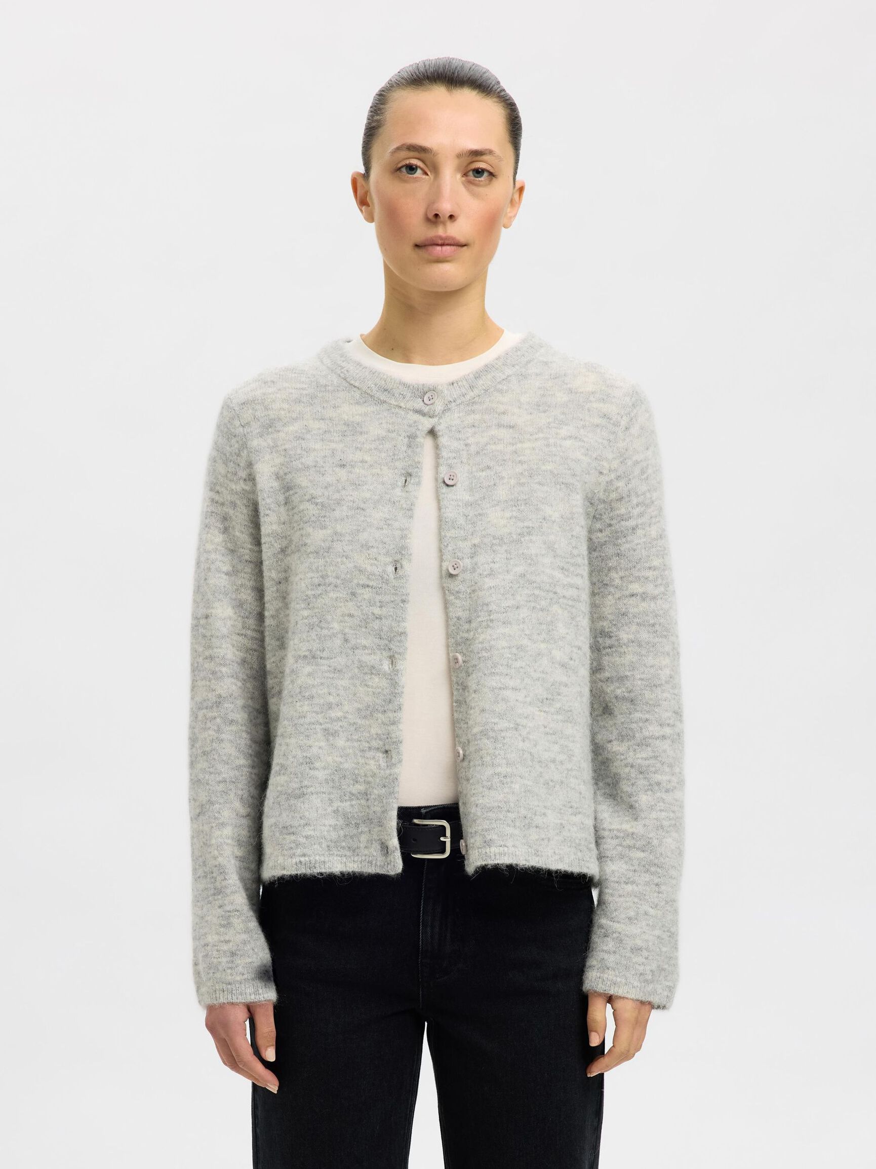 WOOL BLEND KNITTED CARDIGAN, Light Grey Melange, highres