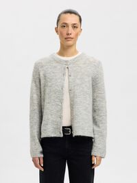 WOOL BLEND KNITTED CARDIGAN, Light Grey Melange, highres