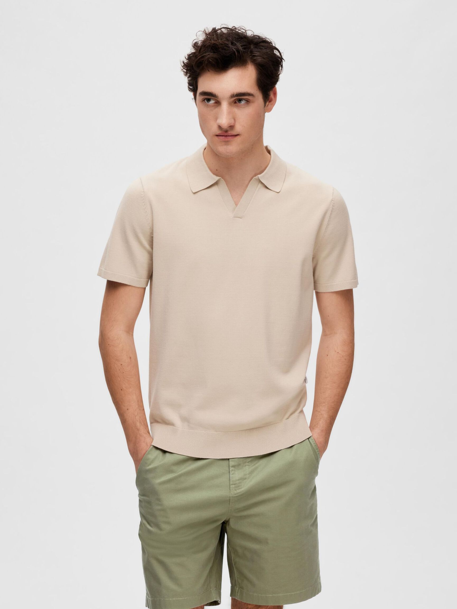 GESTRICKTES POLO SHIRT, Oatmeal, highres