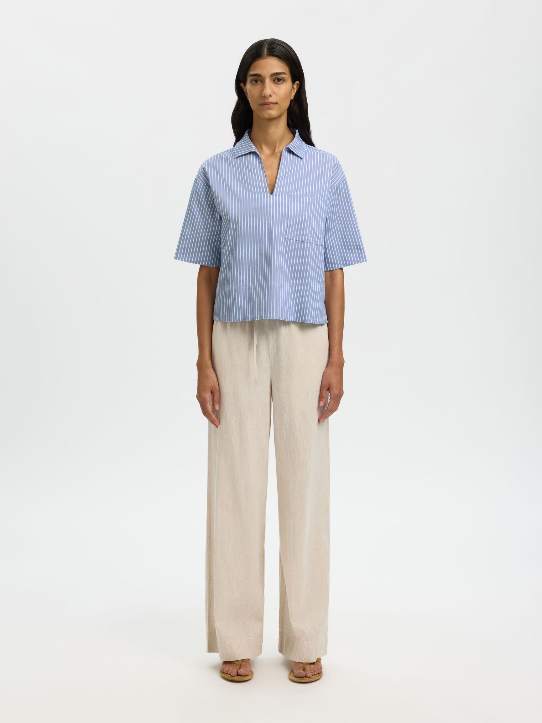 BOMULDSBLANDING BLUSE MED V-HALS, Dusty Blue, highres