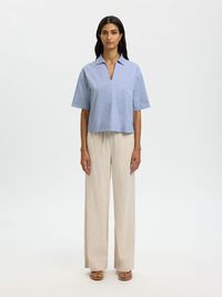 BOMULDSBLANDING BLUSE MED V-HALS, Dusty Blue, highres
