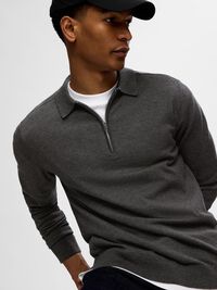 GEBREIDE POLO MET LANGE MOUWEN, Antracit, highres