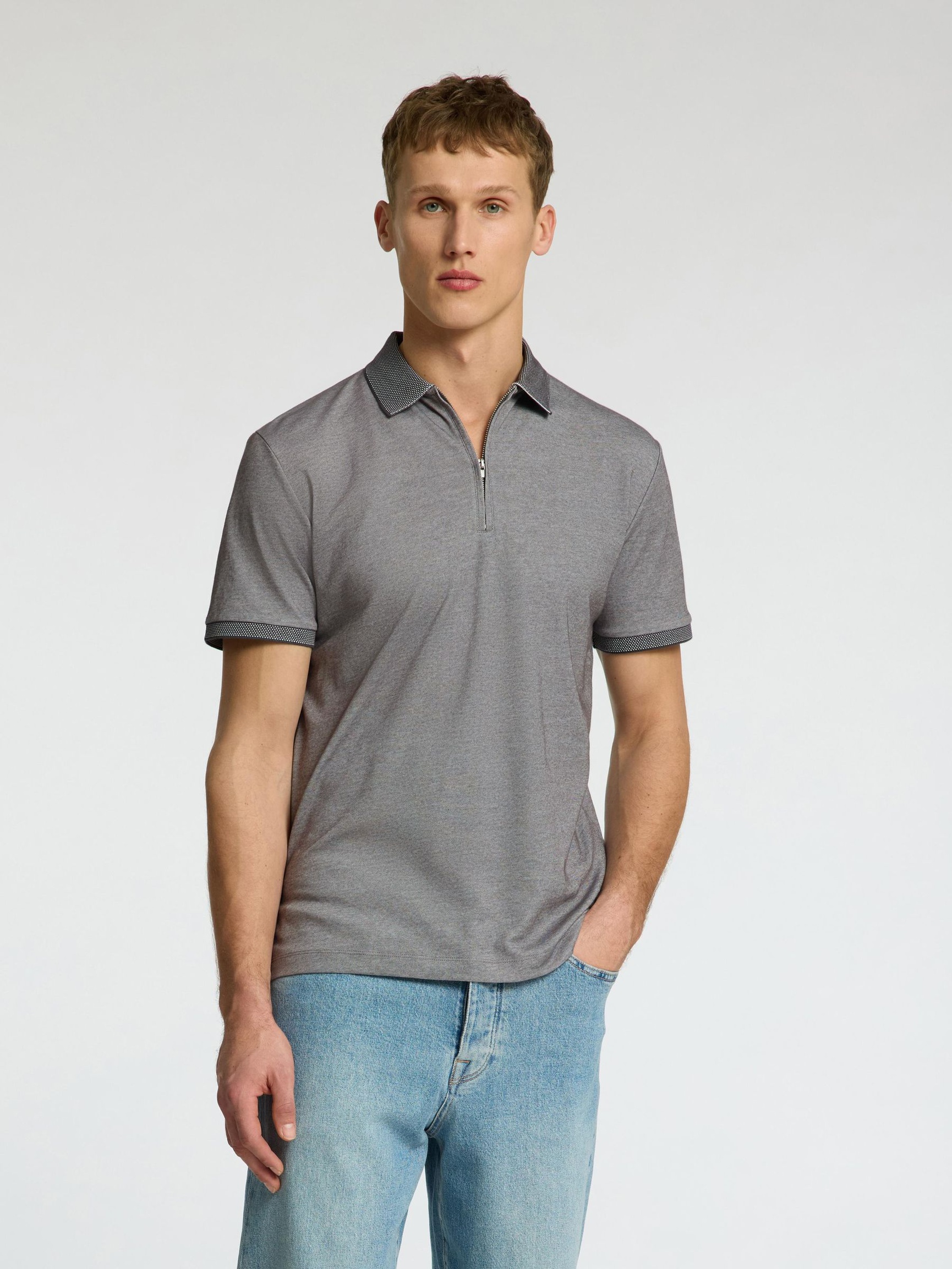 ZIPPER KNITTED POLO SHIRT, Medium Grey Melange, highres