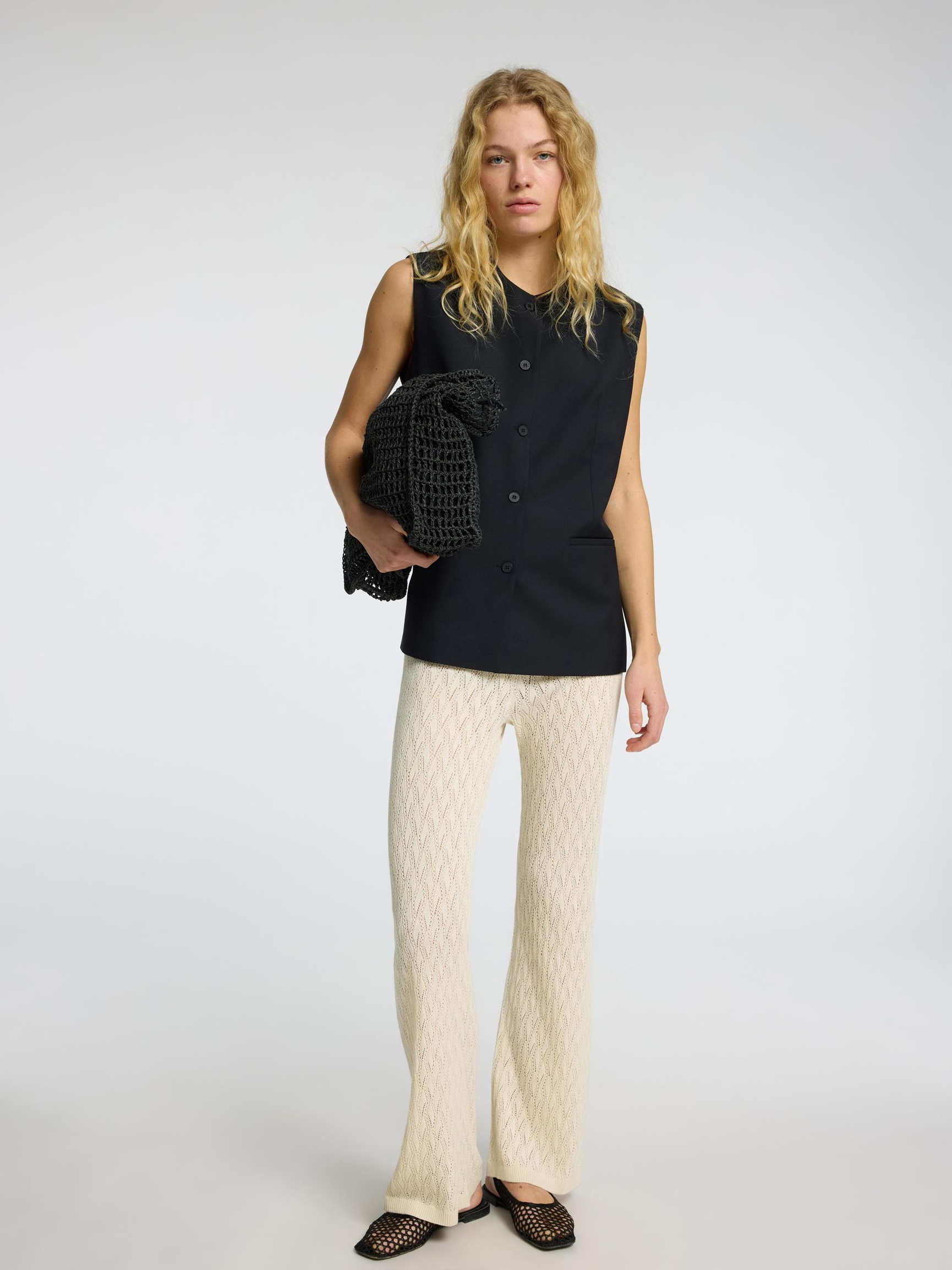 GEBREIDE HIGH-WAIST BROEK, Birch, highres