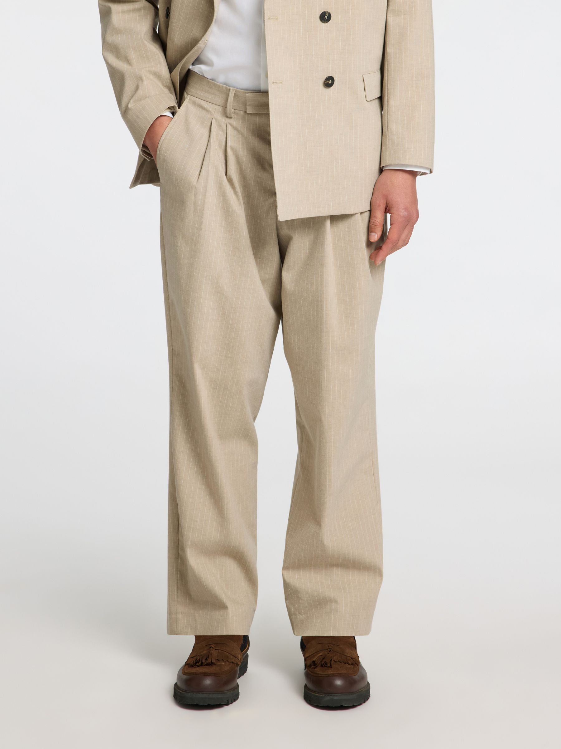 RELAXED FIT KRIJTSTREEP PANTALON, Sand, highres