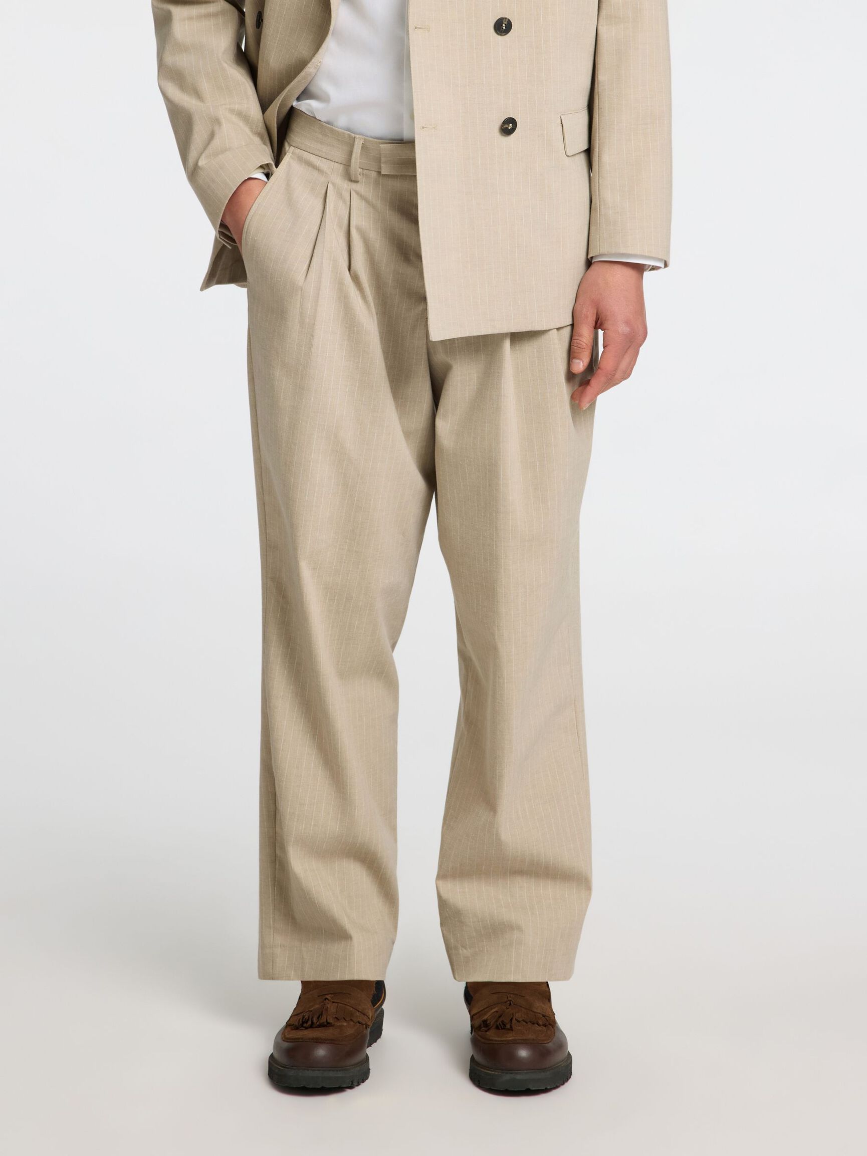RELAXED FIT KRIJTSTREEP PANTALON, Sand, highres