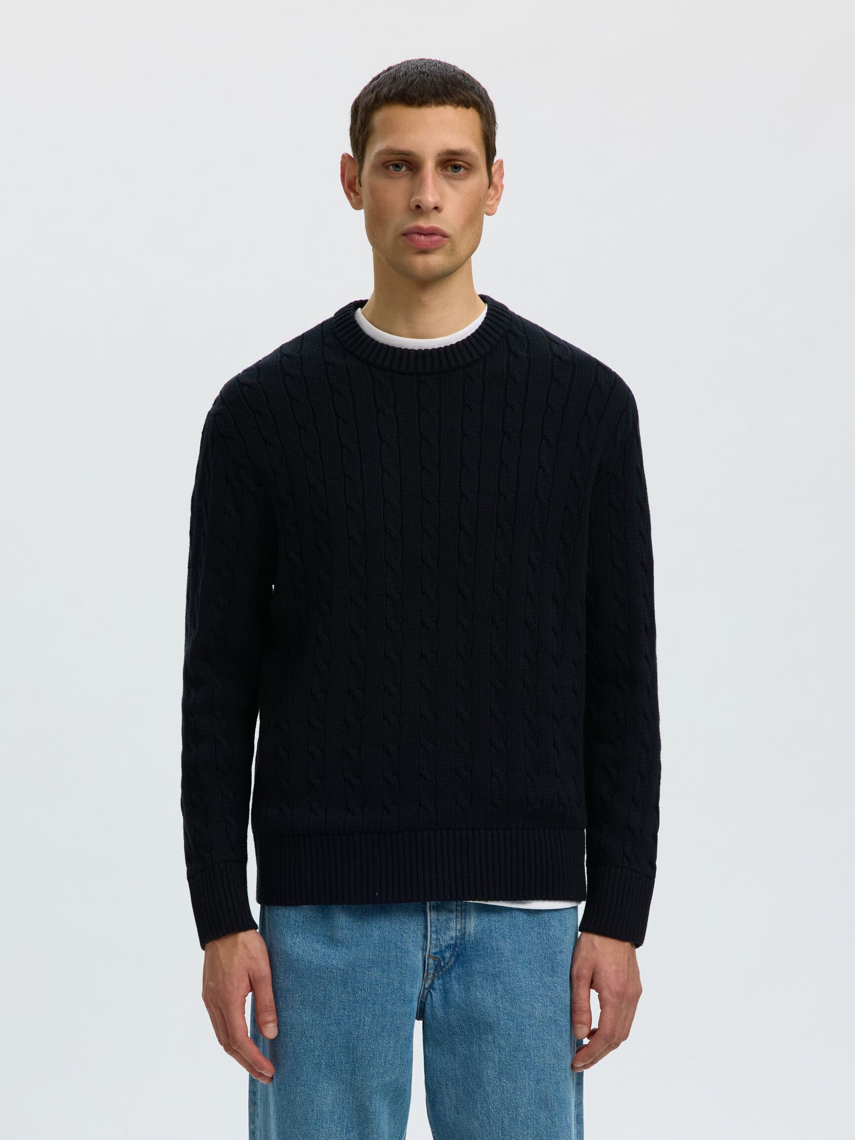CABLE KNIT PULLOVER, Black, highres