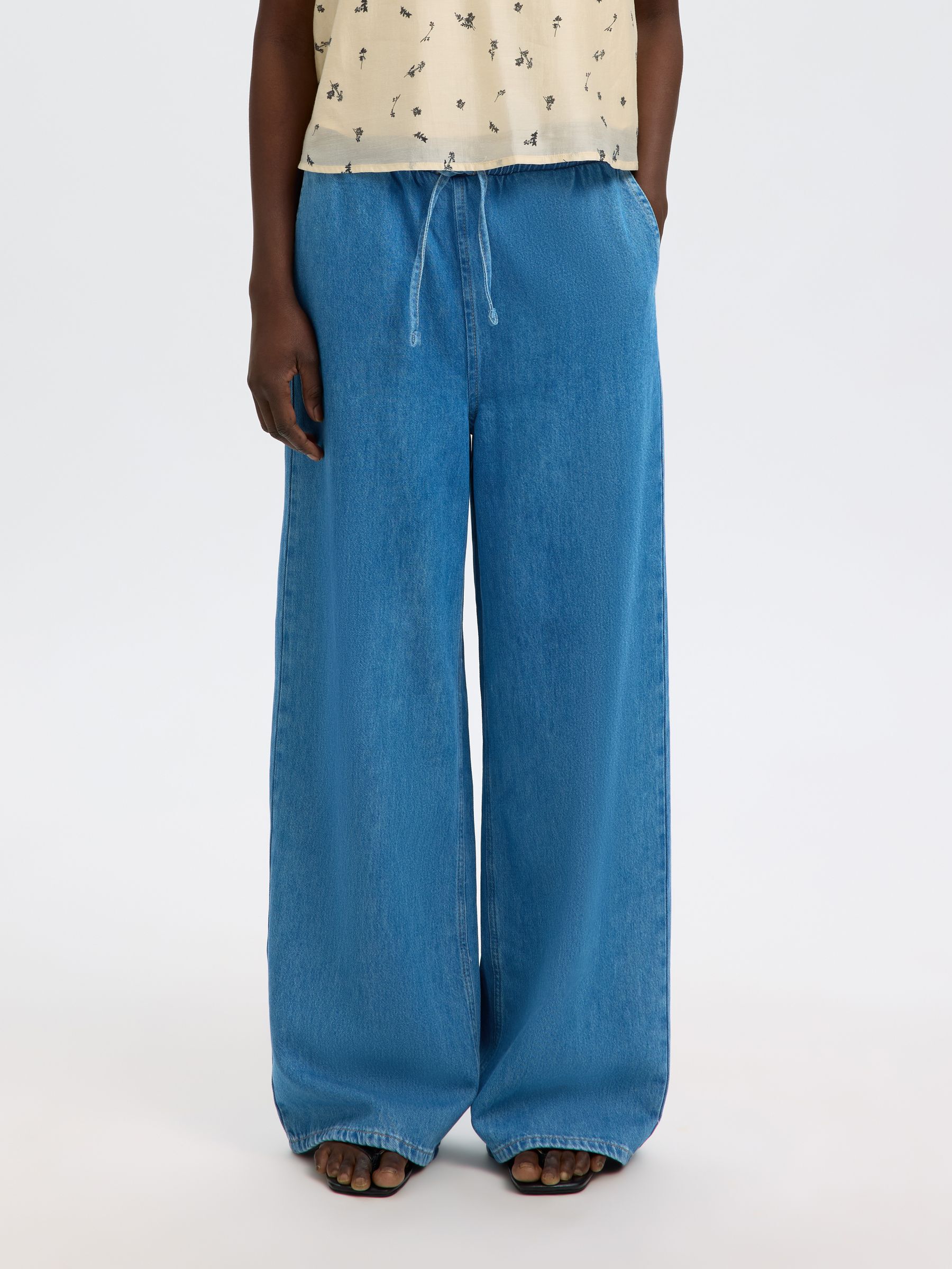 COTTON BLEND WIDE-LEG TROUSERS, Medium Blue Denim, highres