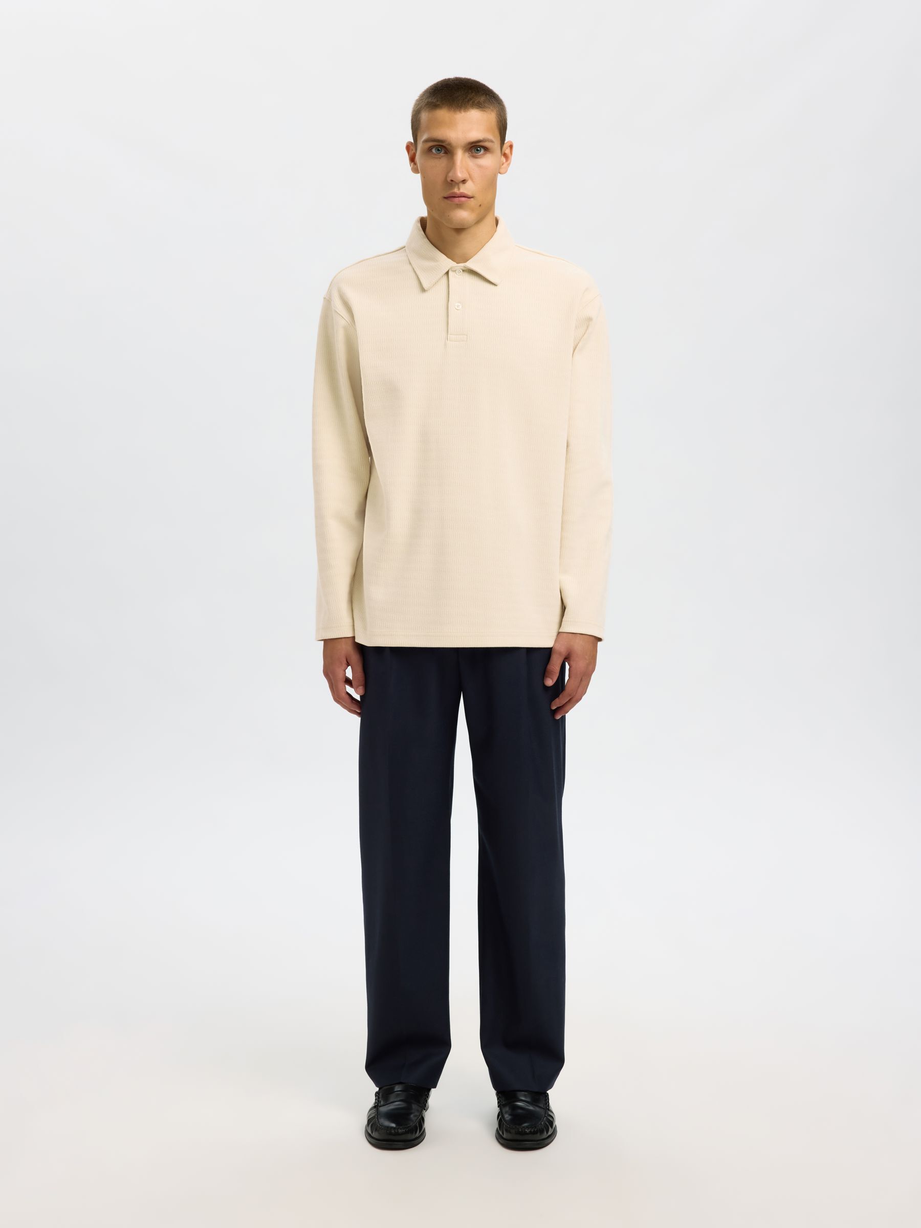 100% BAUMWOLL LANGARM-POLOSHIRT, Angora, highres