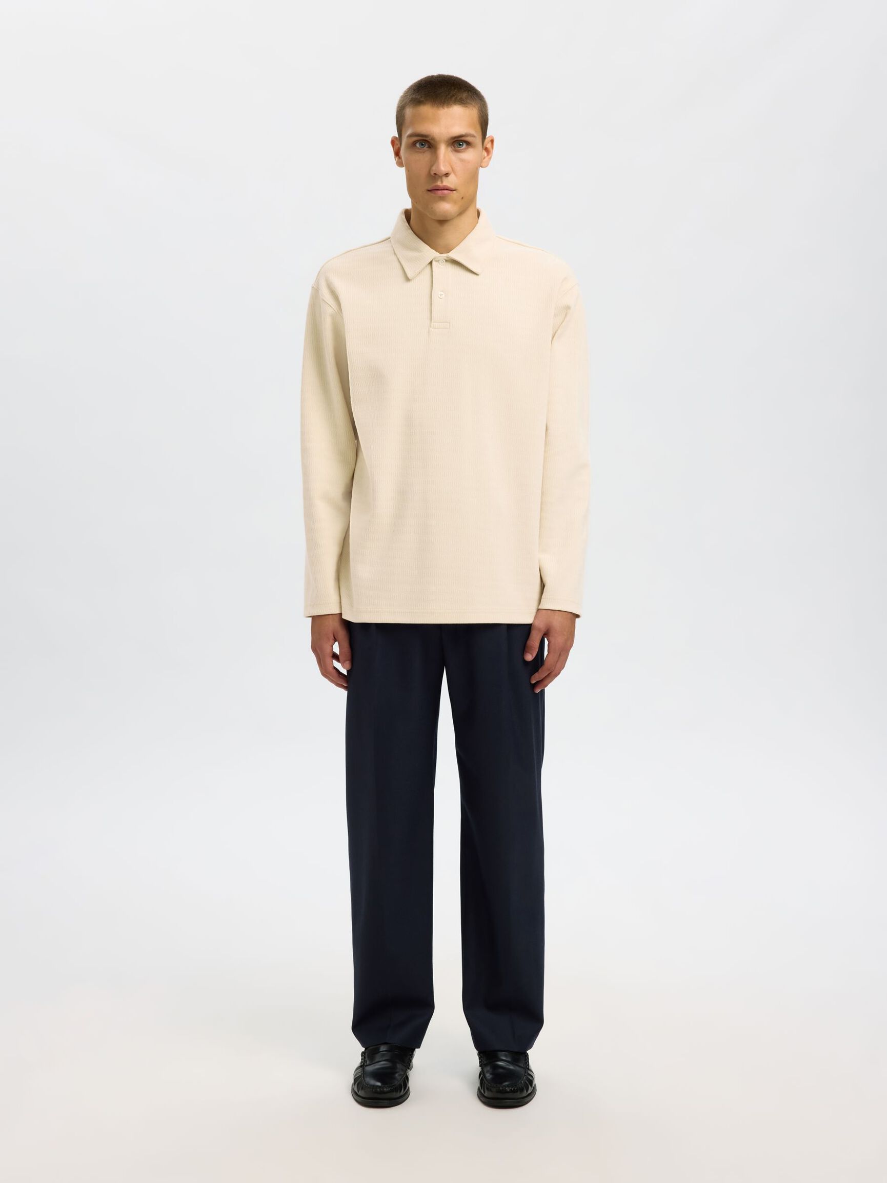 100% BAUMWOLL LANGARM-POLOSHIRT, Angora, highres