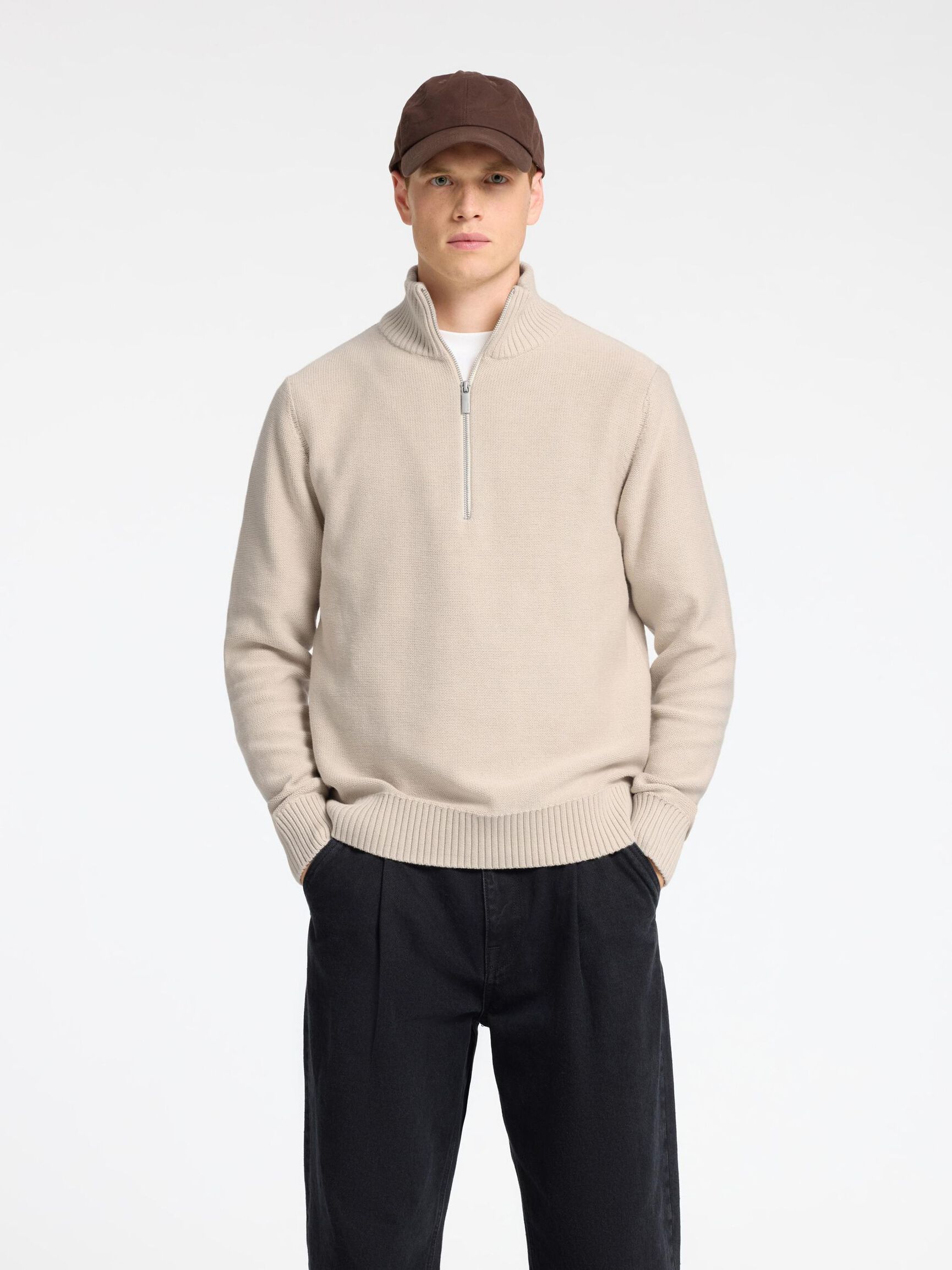 HALF-ZIP PULLOVER, Oatmeal, highres