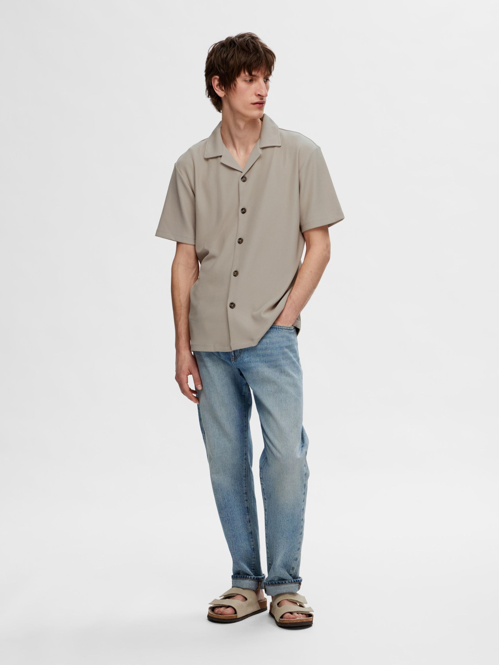 RIBBED CUBAN COLLAR SHORT SLEEVED SHIRT, Pure Cashmere, highres
