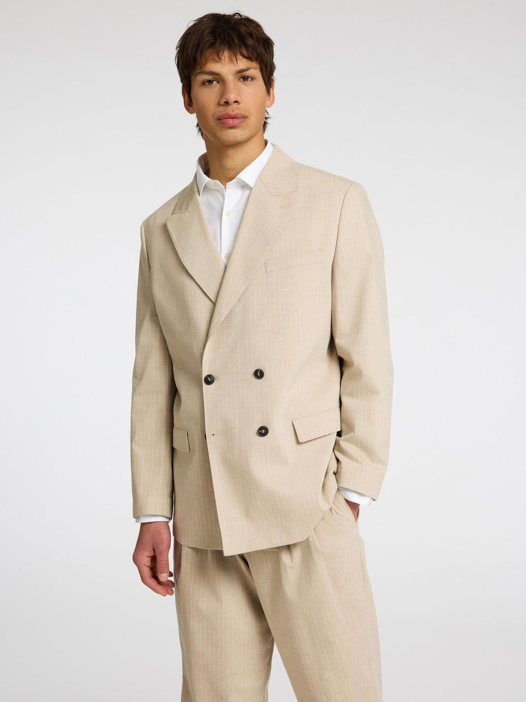 RELAXED FIT PINSTRIPE DOUBLE-BREASTED BLAZER, Sand, highres