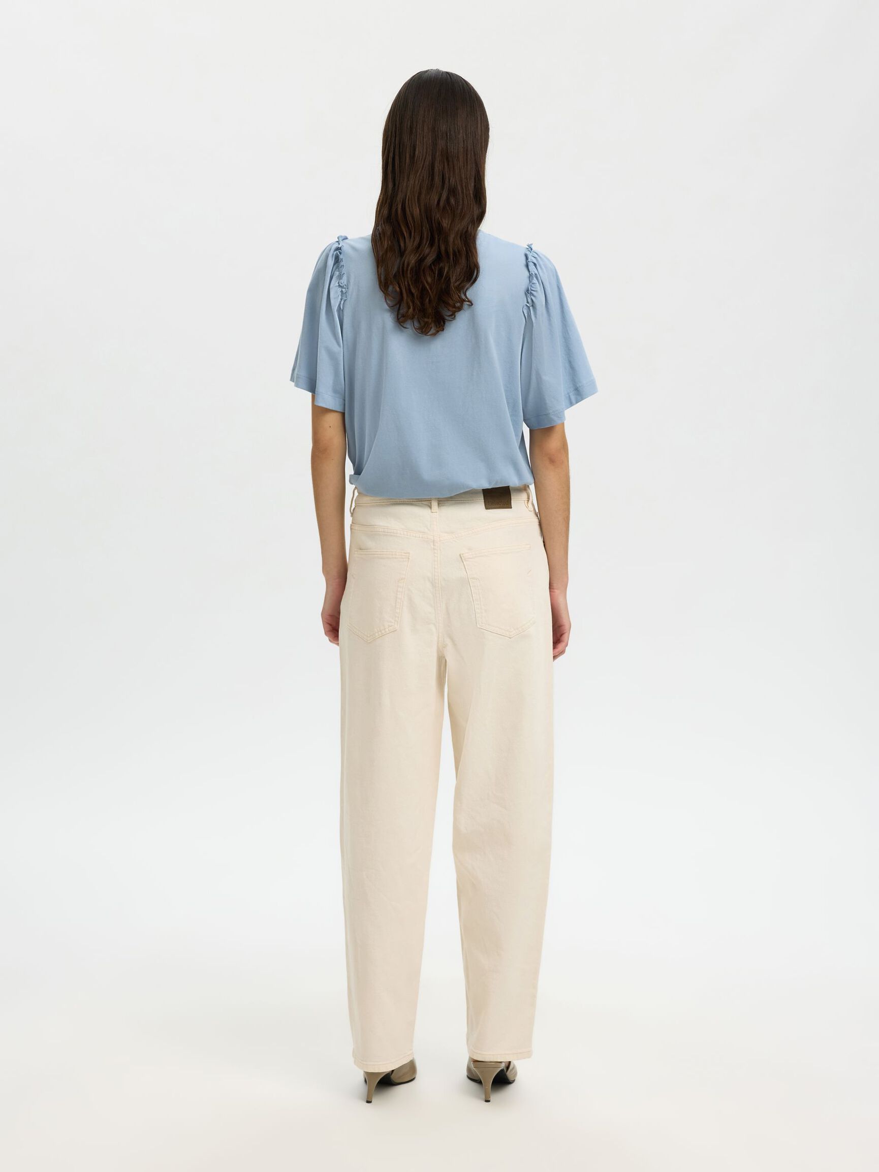 RUFFLED COTTON T-SHIRT, Dusty Blue, highres