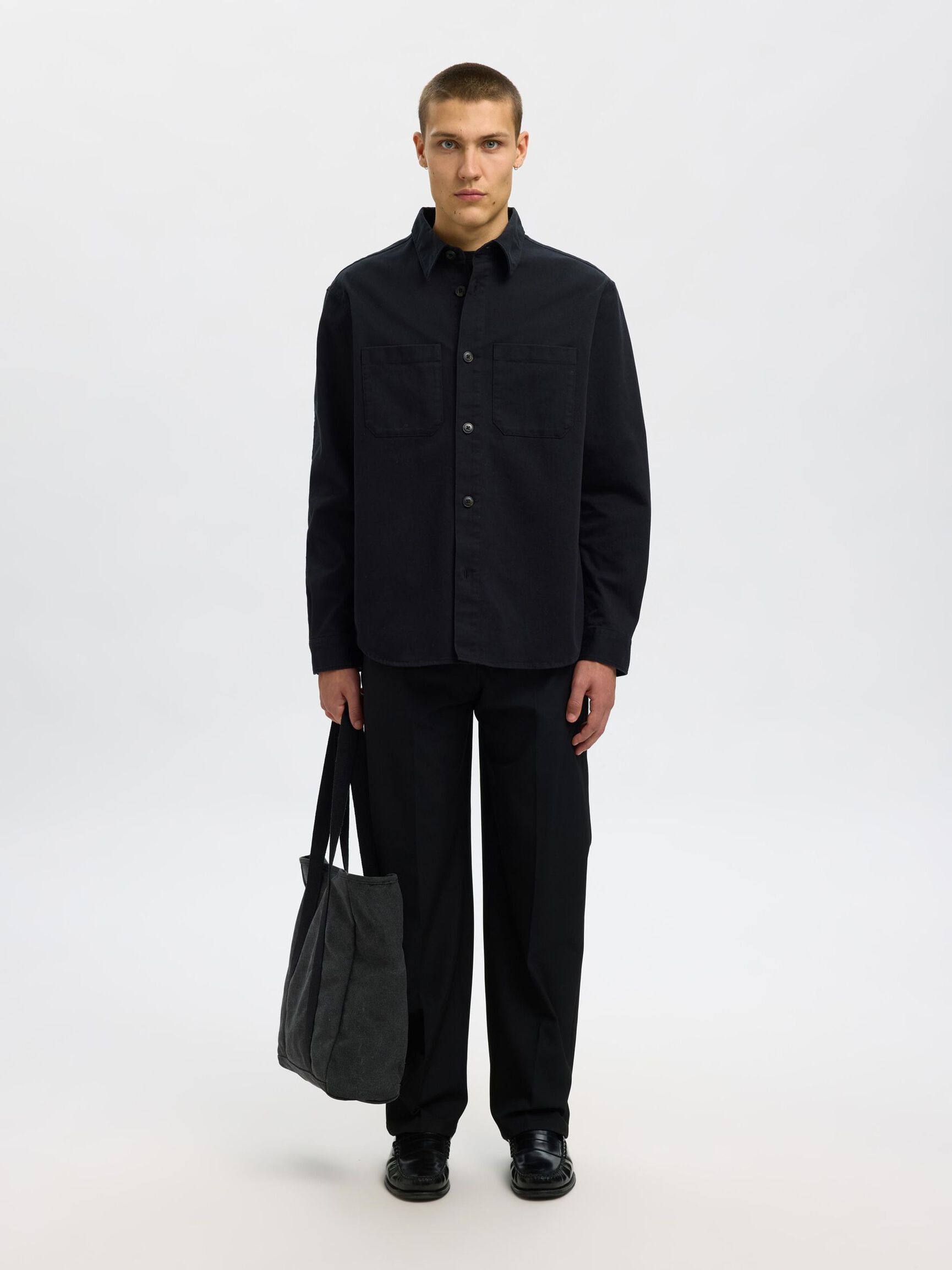 REGULAR FIT TWILL OVERSHIRT, Black, highres